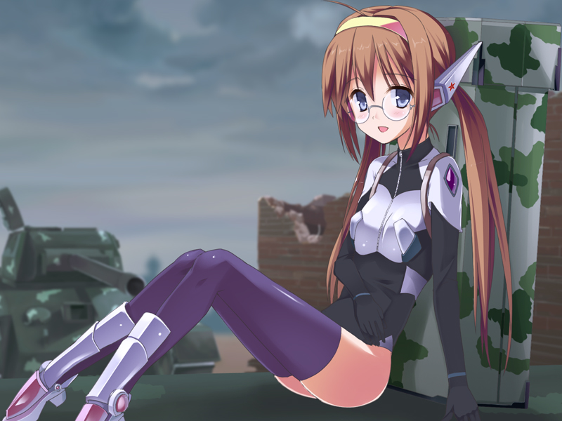 urichi, vehicle, 1girl, :d, ahoge, armor, backpack, bag, blue eyes, blurry, blush, bodysuit, breastplate, breasts, brick wall, brown hair, camouflage, cloud, cloudy sky, depth of field, female focus, from side, full body, glasses, gloves, greaves, hairband, knees up, leotard, long hair, looking at viewer, low twintails, military, military vehicle, motor vehicle, open mouth, outdoors, pauldrons, purple thighhighs, rimless eyewear, robot ears, ruins, shoulder armor, sitting, sky, small breasts, smile, solo, star (symbol), tank, thighhighs, turtleneck, twintails, very long hair, zipper