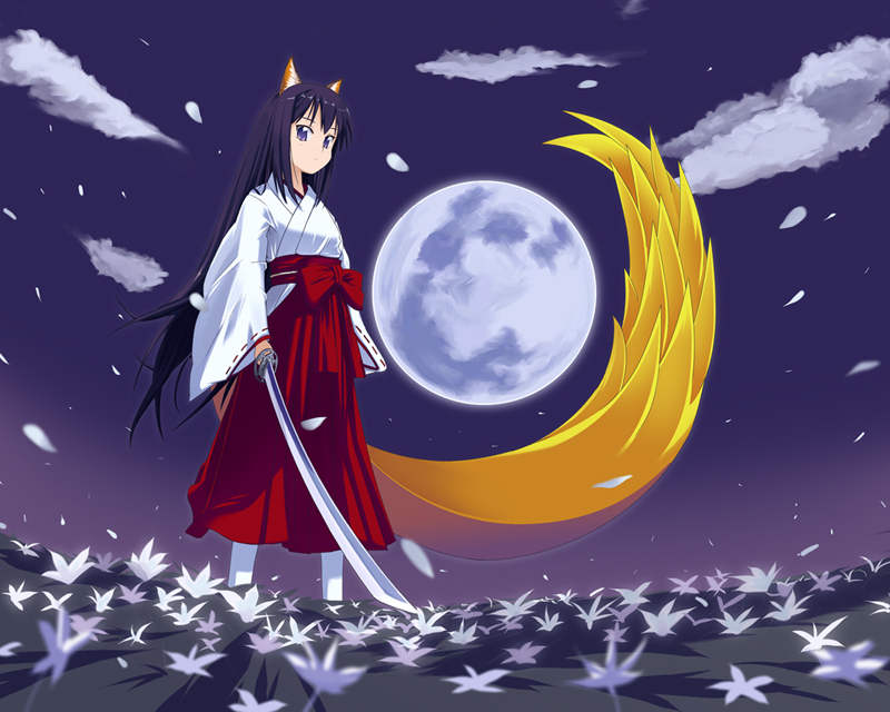 urichi, mozilla firefox, os-tan, 1girl, animal ears, black hair, blue eyes, cloud, female focus, flower, fox ears, full moon, hakama, hakama skirt, japanese clothes, katana, kimono, long hair, miko, moon, night, red hakama, skirt, sky, solo, sword, tail, weapon