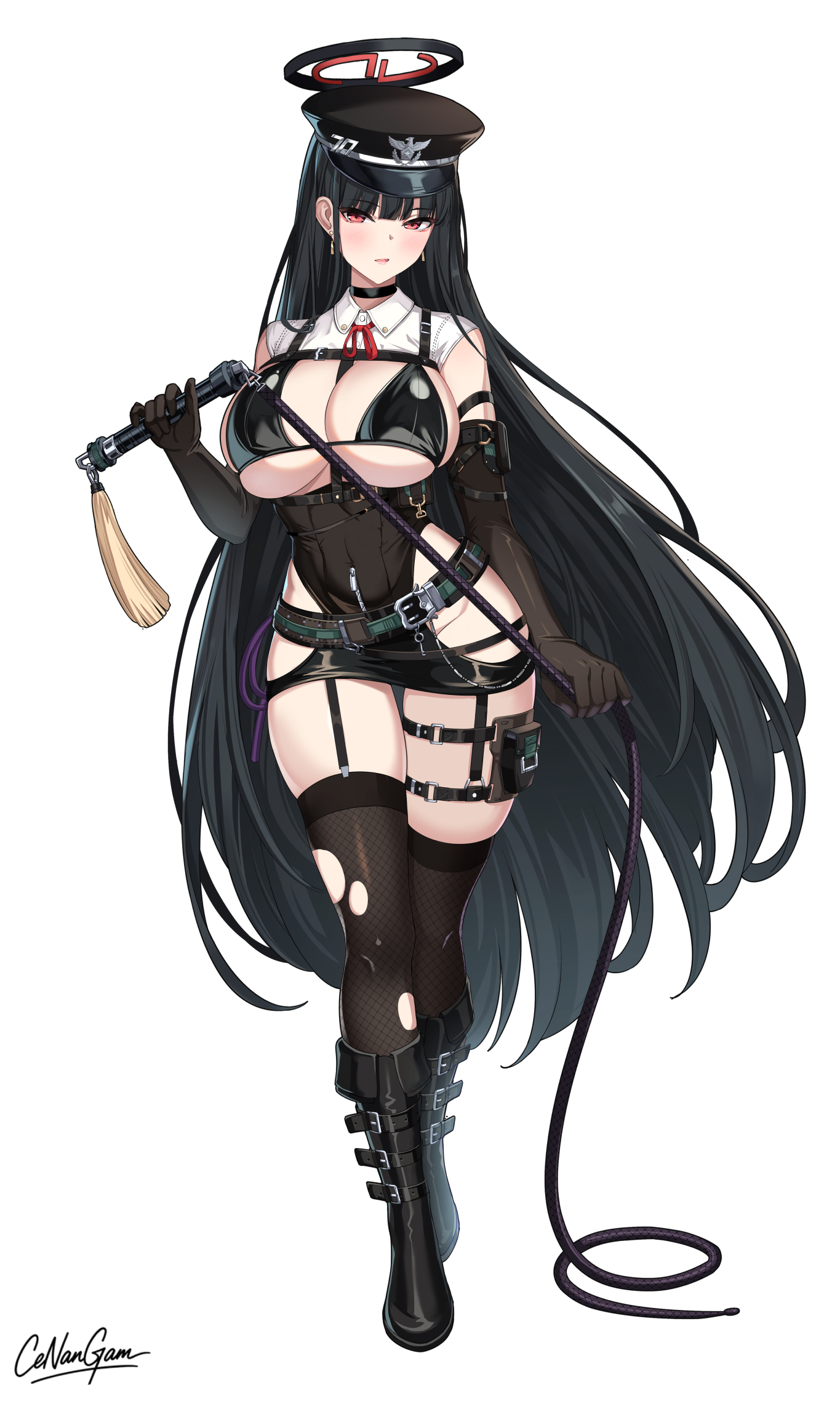 cenangam, rio (blue archive), blue archive, commentary, highres, 1girl, alternate costume, artist name, black boots, black choker, black gloves, black hair, black hat, black leotard, black thighhighs, blush, boots, breasts, choker, earrings, elbow gloves, full body, gloves, halo, hat, highleg, highleg leotard, holding, holding whip, jewelry, knee boots, large breasts, leotard, long hair, looking at viewer, parted lips, red eyes, sideboob, simple background, solo, standing, thighhighs, torn clothes, torn thighhighs, underboob, very long hair, whip, white background