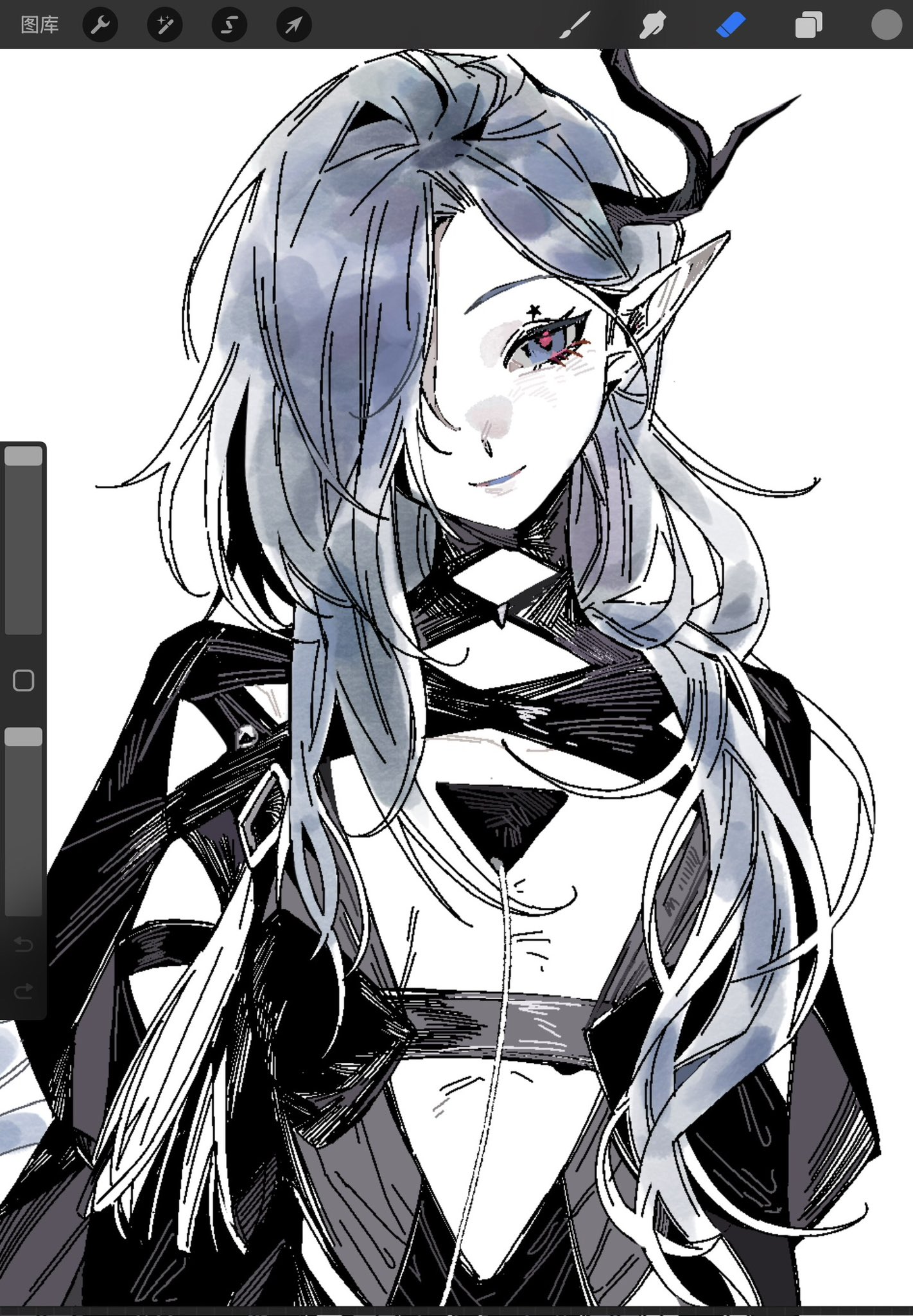 gauti9naaaa, ermengarde (arknights), arknights, highres, procreate (medium), 1girl, art program in frame, blue eyes, blue hair, breast cutout, closed mouth, clothing cutout, facing viewer, flat chest, hair over one eye, hair over shoulder, horns, long hair, looking at viewer, one eye covered, pointy ears, procreate (software), red pupils, simple background, single horn, smile, solo, tree horns, upper body, white background