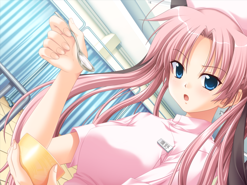 ayakaze ryuushou, takano hina, nurse no obenkyou, game cg, 1girl, blue eyes, female focus, long hair, nurse, open mouth, pink hair, solo, spoon, twintails
