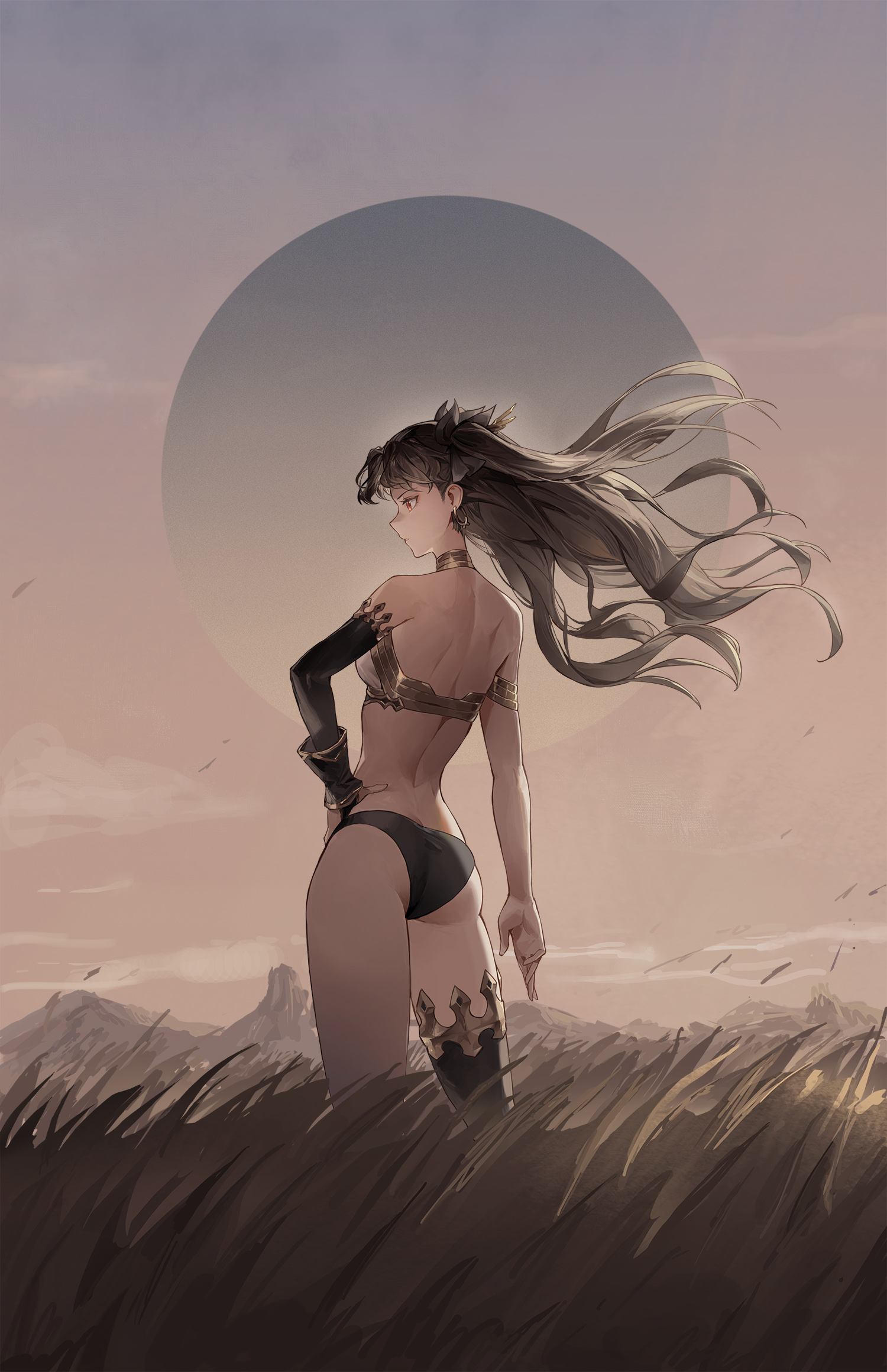 cotta (heleif), ishtar (fate), fate/grand order, fate (series), highres, 1girl, armlet, ass, back, bikini, black hair, breasts, earrings, elbow gloves, fingerless gloves, floating hair, from behind, gloves, gold, gold earrings, grass, grey sky, hoop earrings, jewelry, long hair, mismatched bikini, red eyes, single elbow glove, single fingerless glove, single thighhigh, sky, solo, standing, swimsuit, thighhighs, thighlet, two side up, very long hair