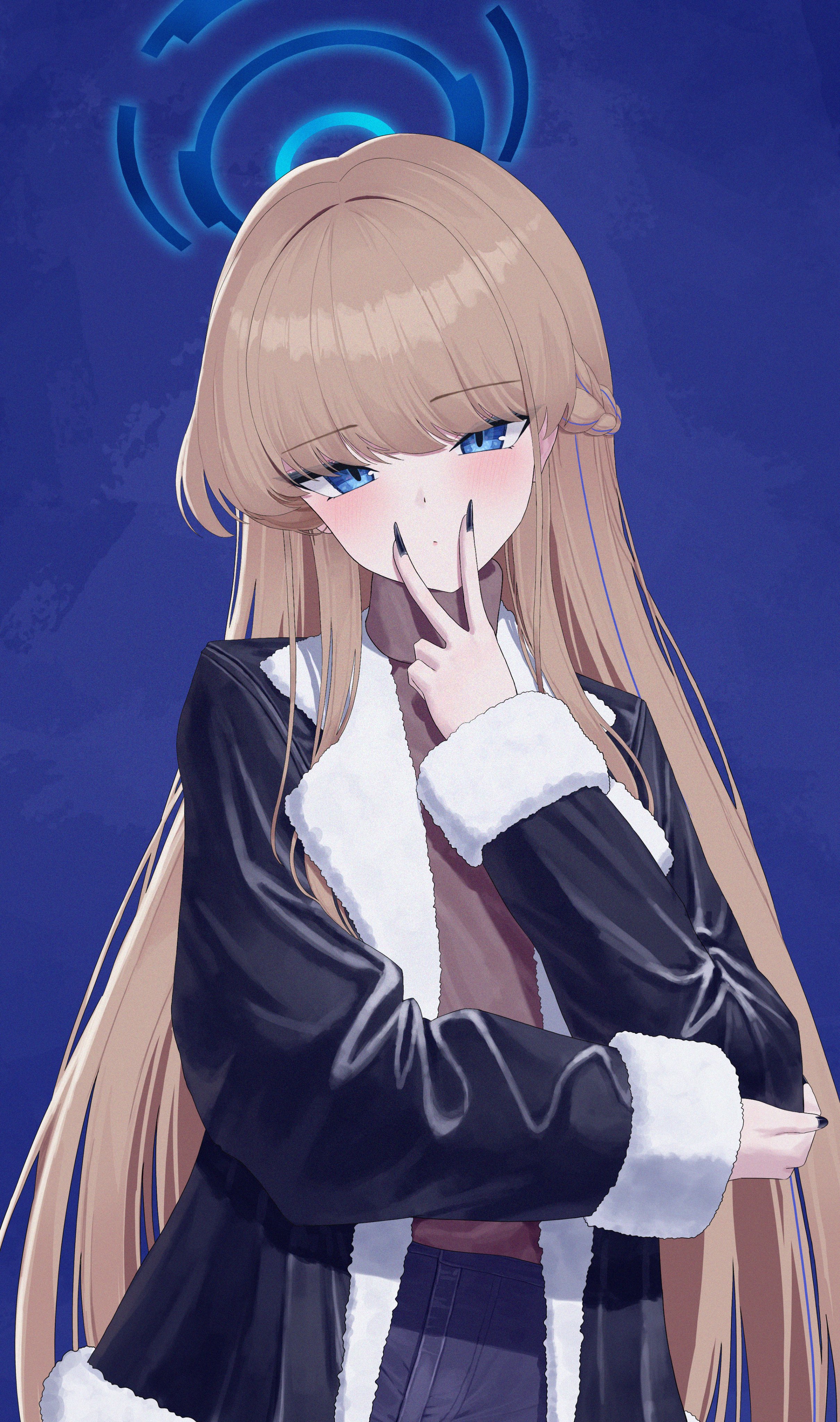 maji (majidesu3), toki (blue archive), blue archive, absurdres, highres, 1girl, alternate costume, black jacket, black nails, blonde hair, blue eyes, blue halo, blue pants, blush, braid, brown shirt, closed mouth, fingernails, hair down, half up braid, halo, jacket, long fingernails, long hair, looking at viewer, pants, shirt, solo, turtleneck, turtleneck shirt