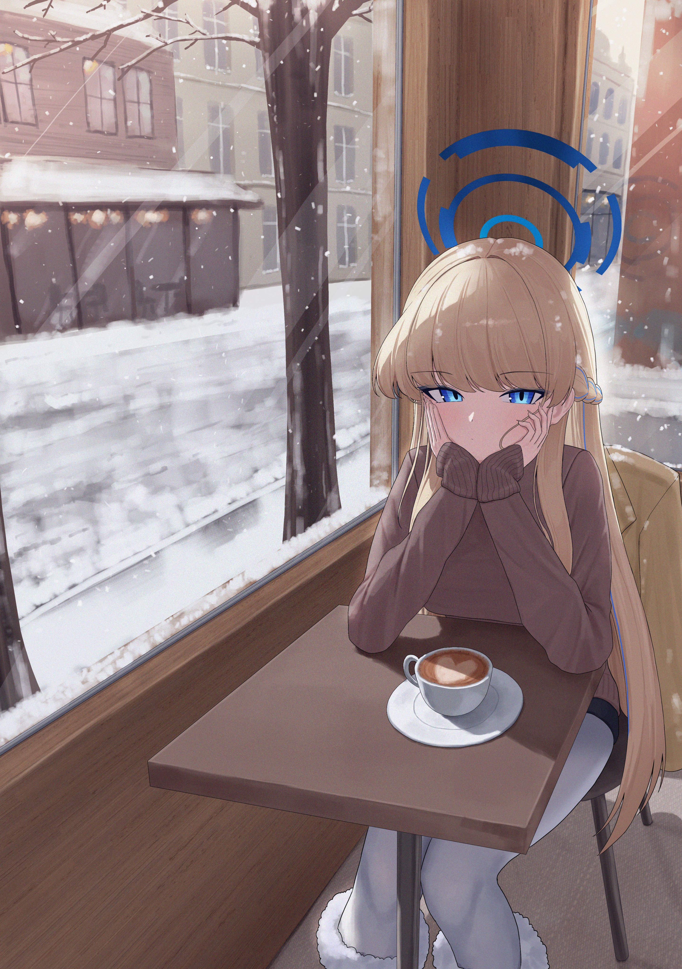 maji (majidesu3), toki (blue archive), blue archive, absurdres, highres, 1girl, alternate costume, blonde hair, blue eyes, blue halo, blush, braid, brown sweater, closed mouth, coffee, fur trim, hair down, half up braid, halo, hands on own face, indoors, long hair, looking at viewer, pantyhose, snow, solo, sweater, white pantyhose