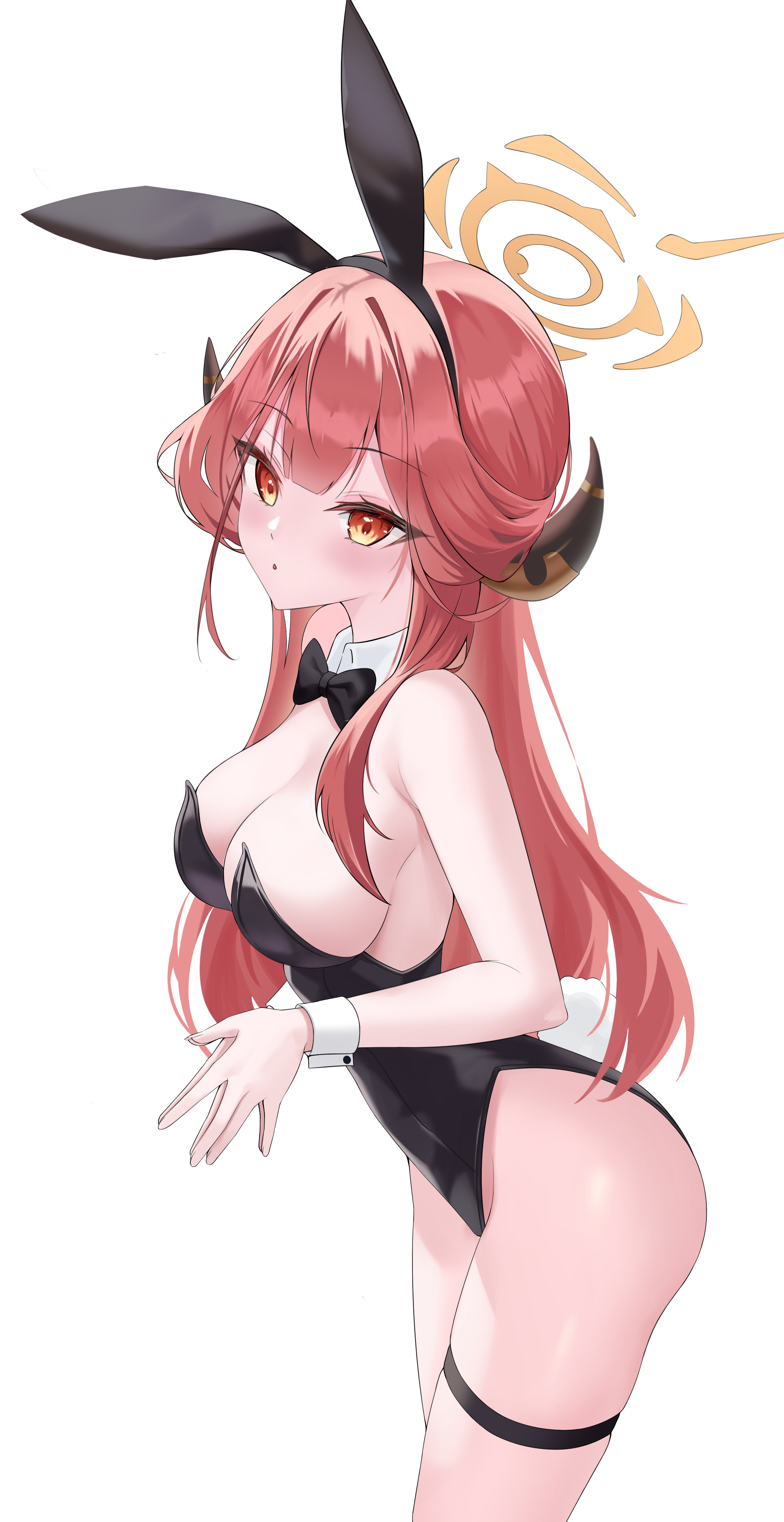gyuu, aru (blue archive), blue archive, absurdres, highres, 1girl, ||/, alternate costume, animal ear hairband, animal ears, bare shoulders, black bow, black bowtie, black hairband, black leotard, blunt bangs, blush, bow, bowtie, breasts, cleavage, cowboy shot, curved horns, curvy, demon girl, demon horns, detached collar, eyelashes, fake animal ears, fake tail, from side, hair on horn, hair over shoulder, hairband, halo, highleg, highleg leotard, horns, large breasts, leotard, long hair, orange eyes, own hands together, parted lips, pink hair, playboy bunny, rabbit ears, rabbit tail, sidelocks, simple background, skindentation, solo, steepled fingers, straight hair, strapless, strapless leotard, tail, thigh strap, thighs, tsurime, very long hair, white background, yellow halo