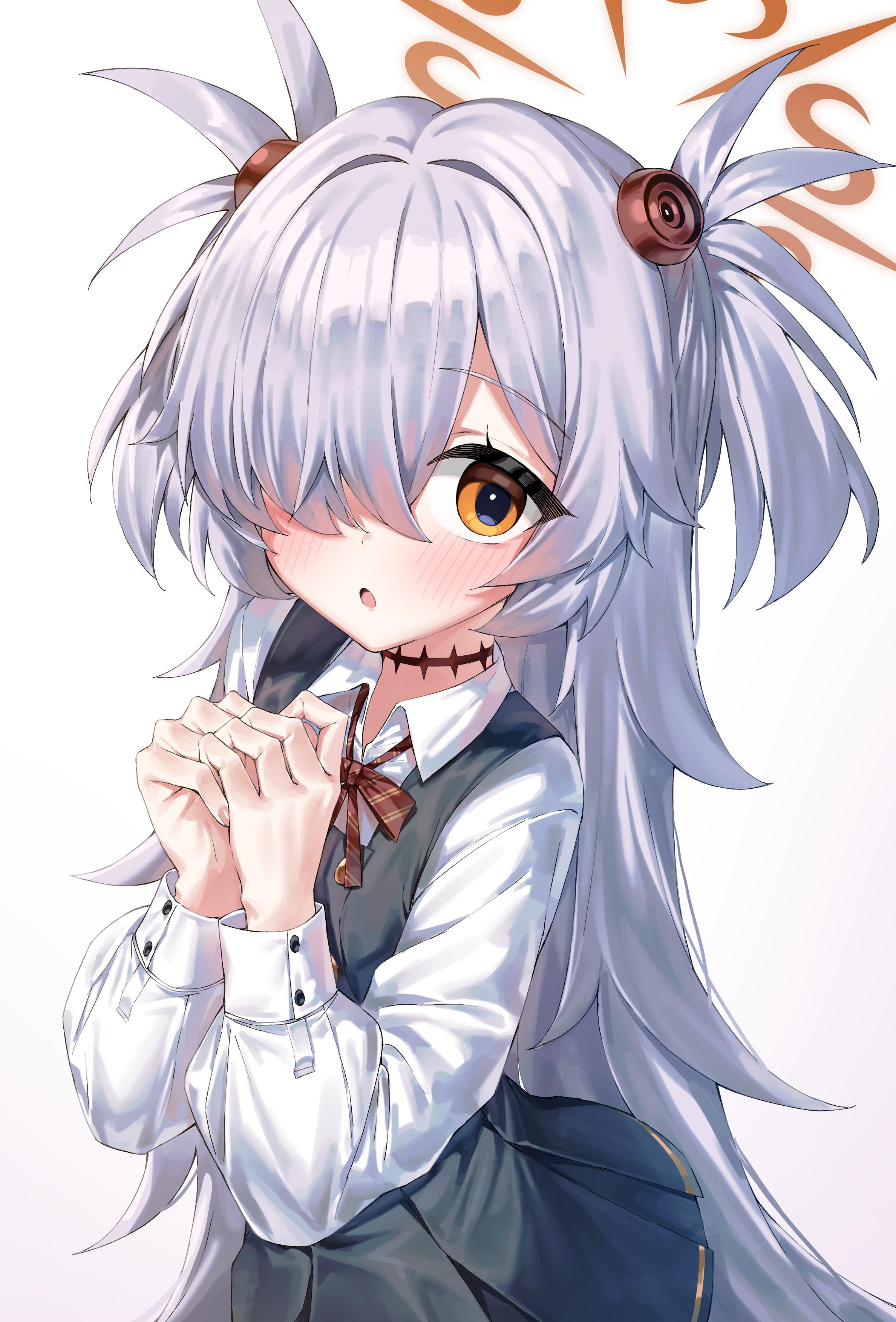 cobe, kanoe (blue archive), blue archive, absurdres, highres, 1girl, breasts, brown eyes, brown halo, grey hair, grey skirt, grey vest, hair over one eye, halo, long hair, looking at viewer, one eye covered, shirt, skirt, small breasts, solo, vest, white shirt