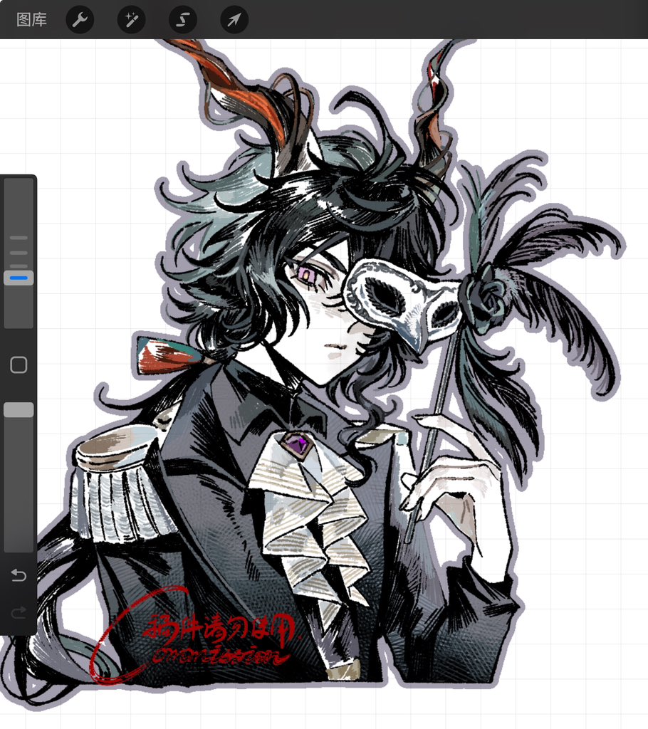 gauti9naaaa, ebenholz (arknights), arknights, commission, procreate (medium), 1boy, animal ears, antenna hair, ascot, black feathers, black flower, black hair, black suit, bow, brooch, closed mouth, cropped torso, epaulettes, facing to the side, feathers, flower, formal clothes, fringe trim, goat boy, goat ears, goat horns, grid background, hair bow, holding, holding mask, horns, jacket, jewelry, long hair, looking at viewer, male focus, mask, masquerade mask, ponytail, procreate (software), purple brooch, purple eyes, red bow, signature, solo, suit, suit jacket, upper body, white ascot, white background, yellow pupils