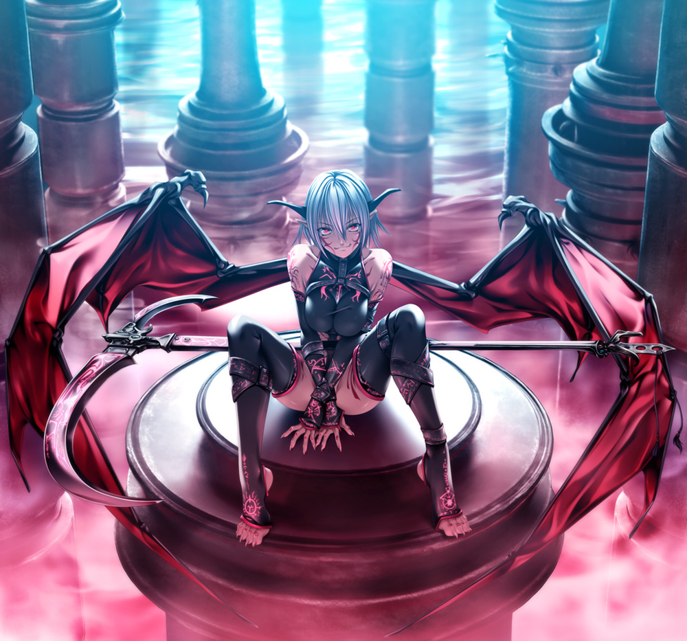 rezi, original, silver hair, 1girl, bare shoulders, bat wings, black thighhighs, blurry, breasts, claws, cleavage, covering privates, demon girl, demon wings, depth of field, detached sleeves, elbow gloves, facial mark, female focus, fingerless gloves, gloves, glowing, grin, horns, large breasts, legs, looking at viewer, markings, pillar, pointy ears, red eyes, scythe, short hair, sitting, smile, smirk, solo, spread legs, stirrup legwear, strap, tattoo, thighhighs, toeless legwear, toes, water, weapon, wings