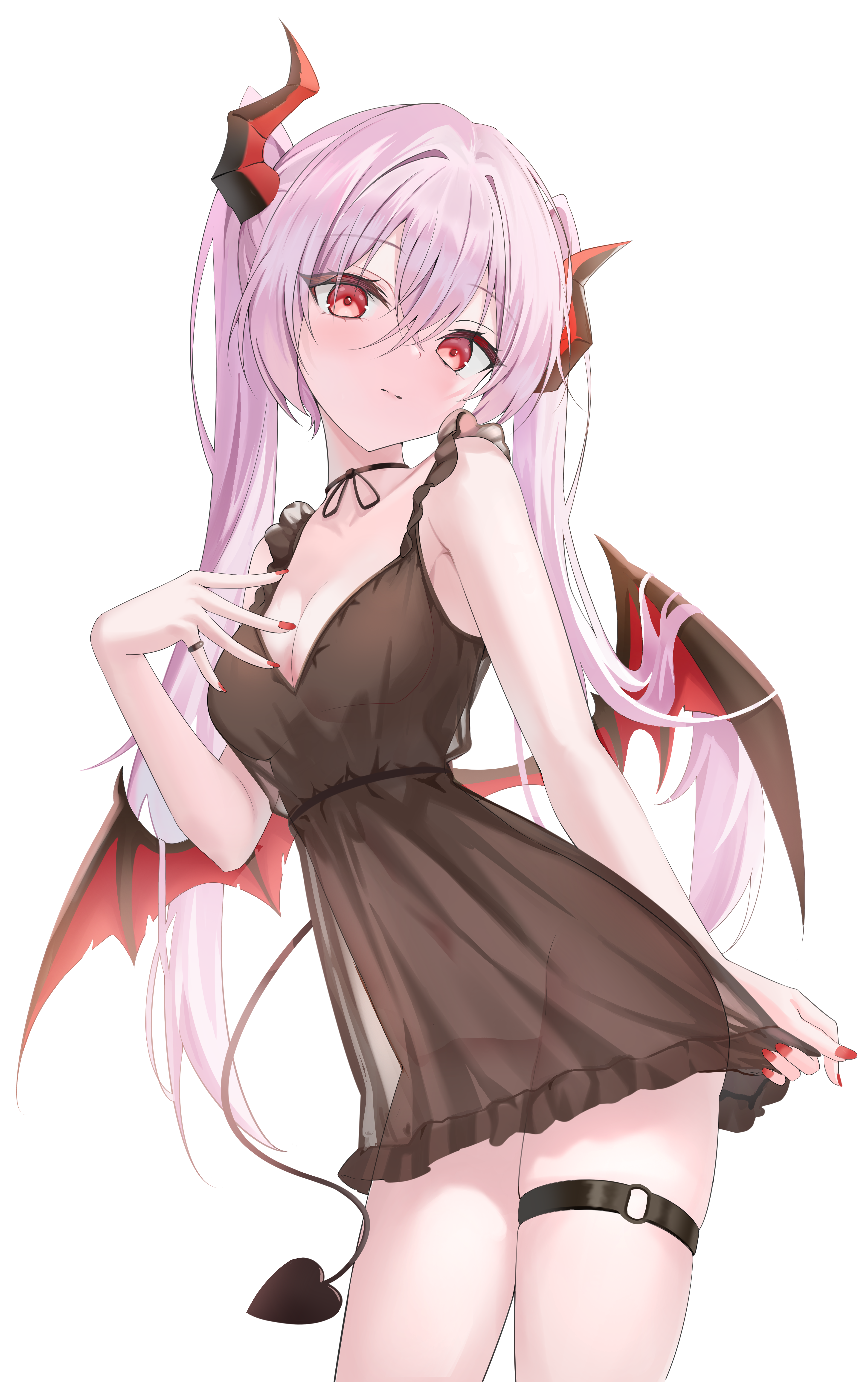gyuu, original, absurdres, commission, highres, 1girl, arm behind back, bare arms, bare shoulders, black choker, black dress, black ribbon, blush, breasts, choker, cleavage, closed mouth, collarbone, cowboy shot, crossed bangs, demon girl, demon horns, demon tail, demon wings, dress, eyelashes, eyes visible through hair, frilled dress, frills, groin, hair between eyes, hair intakes, hair over wings, hand up, head tilt, horns, jewelry, long hair, looking at viewer, medium breasts, nail polish, neck ribbon, o-ring, o-ring top, outstretched hand, purple hair, red eyes, red horns, red nails, ribbon, ring, see-through clothes, see-through dress, sidelocks, simple background, skindentation, skirt hold, sleeveless, sleeveless dress, solo, split mouth, tail, thigh strap, thighs, tsurime, twintails, very long hair, white background, wings