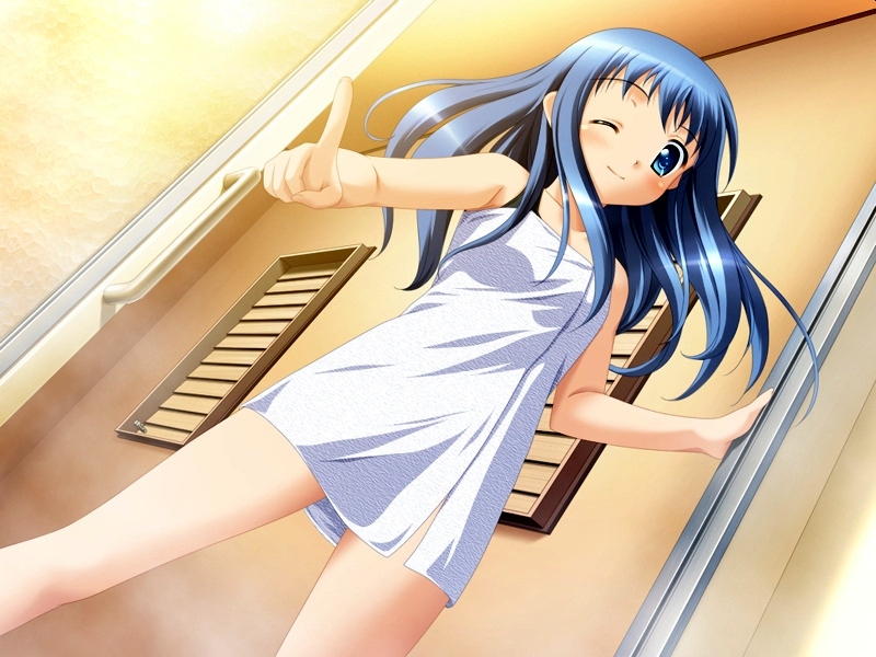 iwasaki kouji, kagami shouko, alto, alto (game), jast, game cg, 1girl, bath, blue eyes, blue hair, dutch angle, female focus, matching hair/eyes, naked towel, one eye closed, pointing, solo, towel, wink