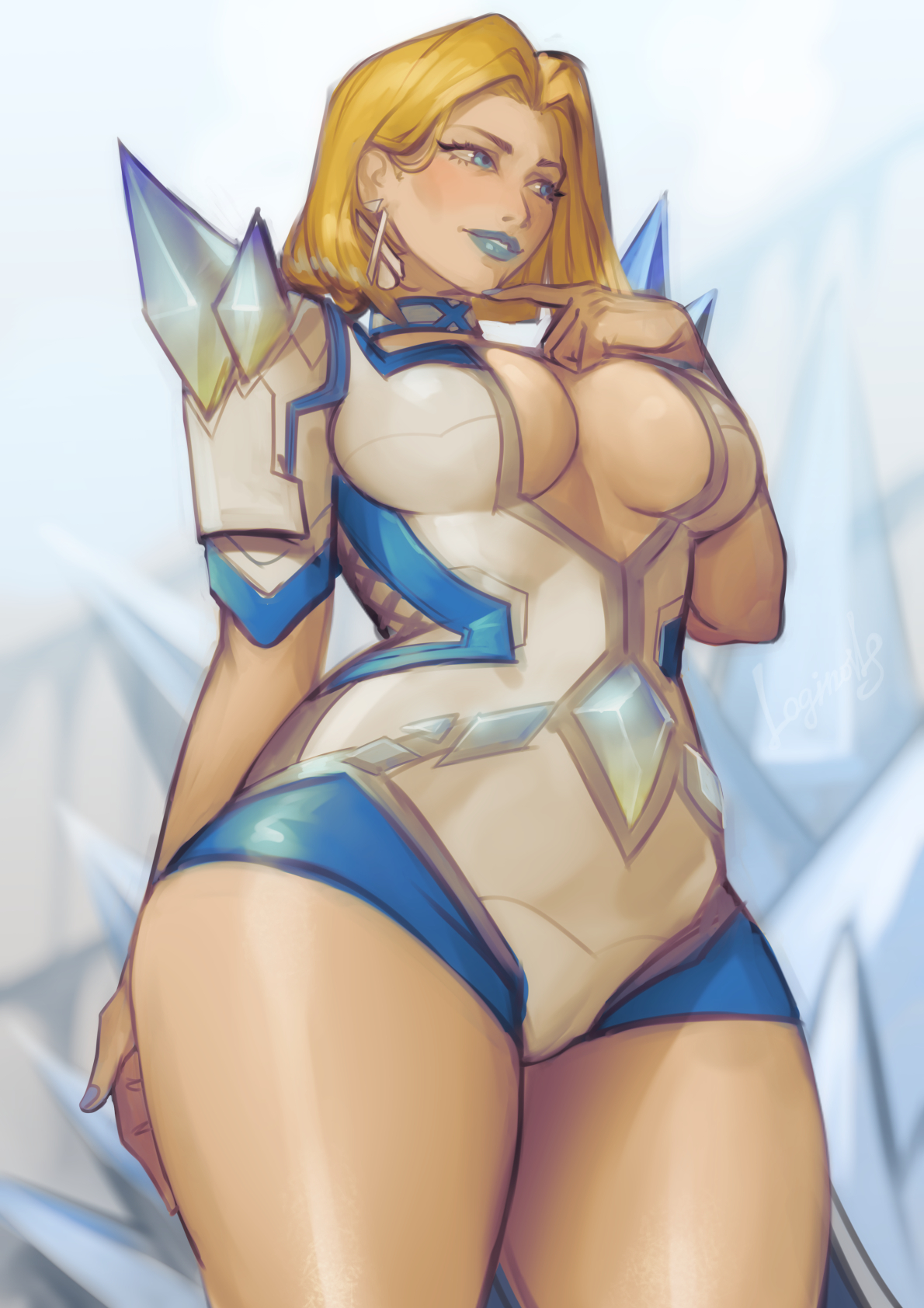 loginovls, emma frost, marvel, marvel rivals, x-men, highres, 1girl, blonde hair, blue eyes, blue lips, blue nails, breasts, cleavage, cowboy shot, large breasts, short hair, solo, thick thighs, thighs, white background