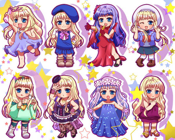 sheryl nome, macross, macross frontier, bad id, bad pixiv id, md5 mismatch, resolution mismatch, source larger, 00s, 1girl, :d, alternate hair color, beret, blonde hair, blue eyes, blunt bangs, blush, chibi, collarbone, dress, full body, green dress, hair ornament, hairband, hairpin, hat, leg up, looking at viewer, open mouth, purple hair, red dress, smile, standing, standing on one leg, star (symbol), thighhighs