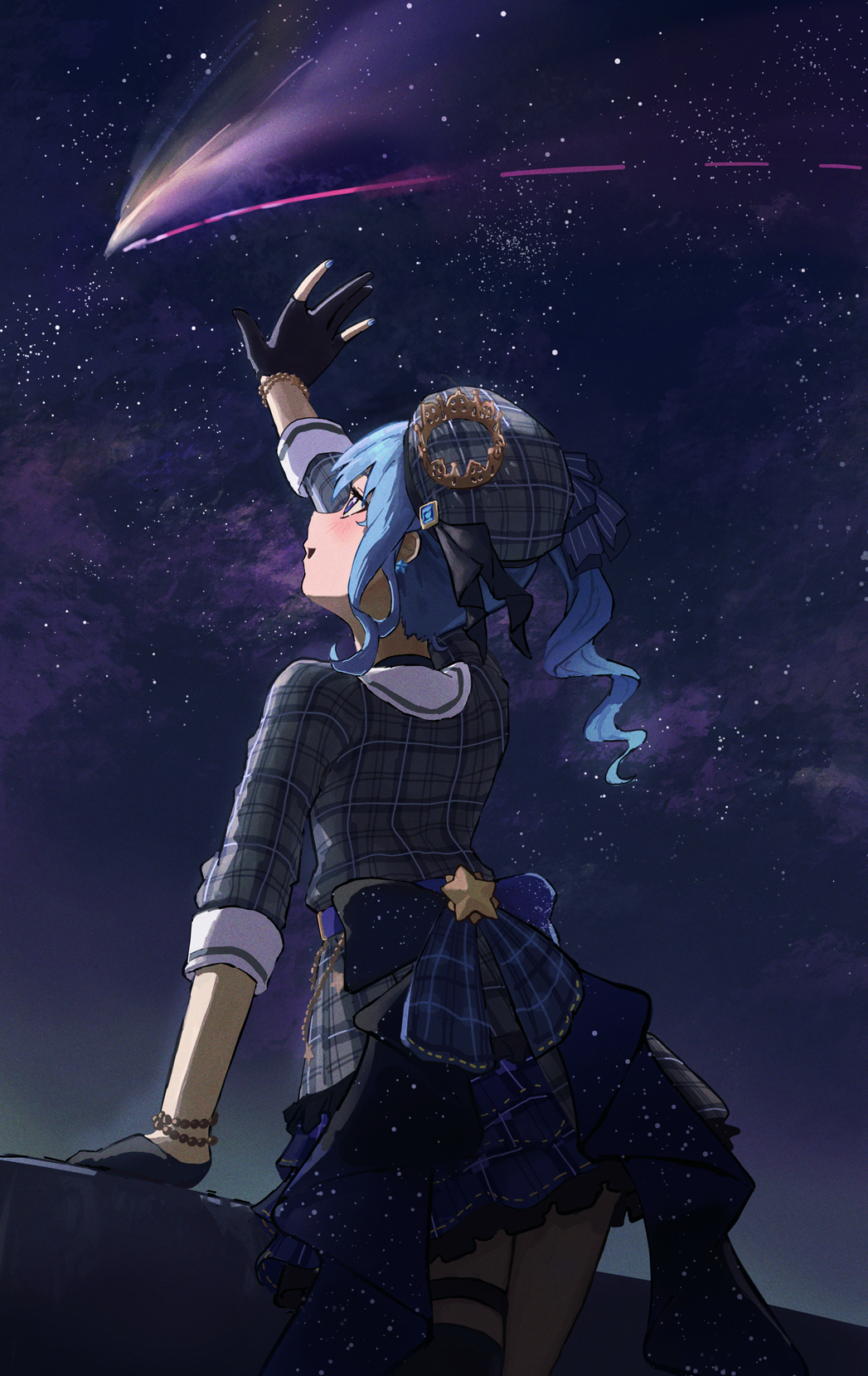 ryoha kosako, hoshimachi suisei, hoshimachi suisei (1st costume), hololive, highres, 1girl, :d, arm up, beret, black gloves, blue eyes, blue hair, blue nails, bracelet, crown, facing away, gloves, hair ribbon, hat, jewelry, looking up, mini crown, night, night sky, open mouth, outdoors, outstretched arm, partially fingerless gloves, plaid clothes, plaid hat, plaid shirt, plaid skirt, railing, reaching, ribbon, sailor collar, shirt, shooting star, side ponytail, single thighhigh, skirt, sky, smile, solo, star (sky), starry sky, thigh strap, thighhighs, thighs