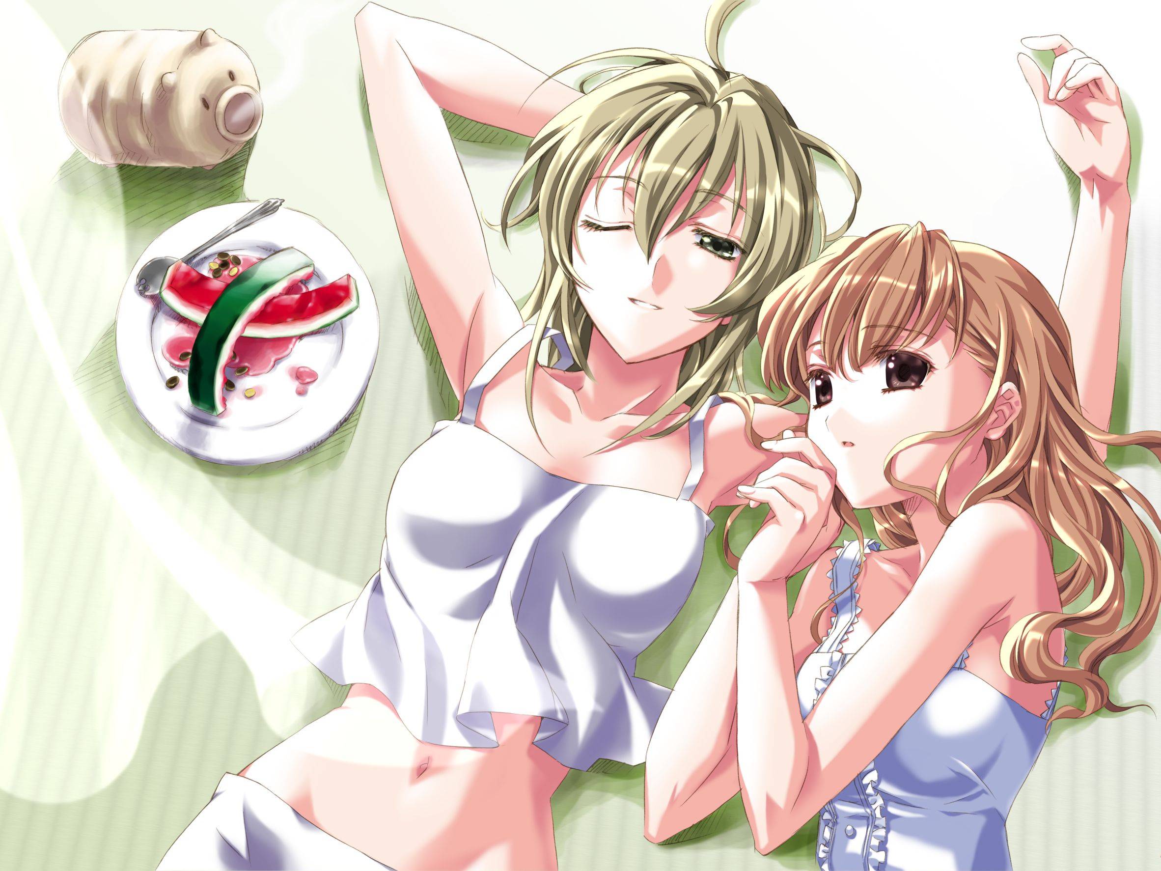 kamiya maneki, satou sei, toudou shimako, maria-sama ga miteru, highres, 00s, 2girls, blonde hair, food, fruit, incense, midriff, multiple girls, watermelon