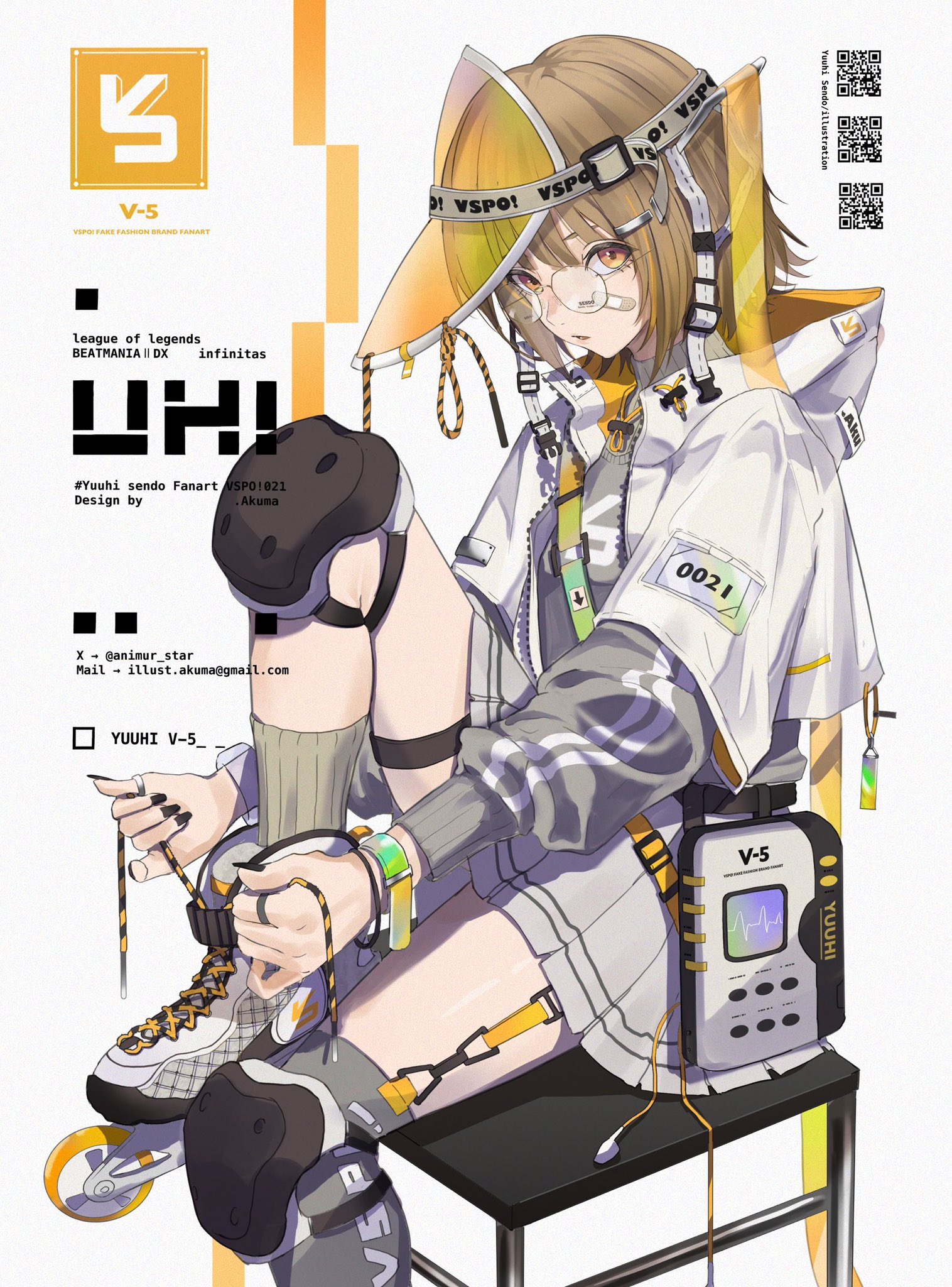 .akuma, sendo yuuhi, vspo!, commentary request, highres, 1girl, alternate costume, artist name, bandaid, bandaid on face, black nails, brown-framed eyewear, brown hair, character name, copyright name, cropped jacket, glasses, grey shoes, grey skirt, grey socks, grey sweater, hat, hood, hood down, hooded jacket, jacket, knee pads, knee up, long sleeves, looking at viewer, looking over eyewear, miniskirt, nail polish, open clothes, open jacket, open mouth, orange eyes, orange hat, pleated skirt, qr code, roller skates, see-through clothes, see-through headwear, shoes, short hair, skates, skirt, socks, solo, sweater, thigh strap, twitter username, tying footwear, virtual youtuber, visor cap, white background, white jacket