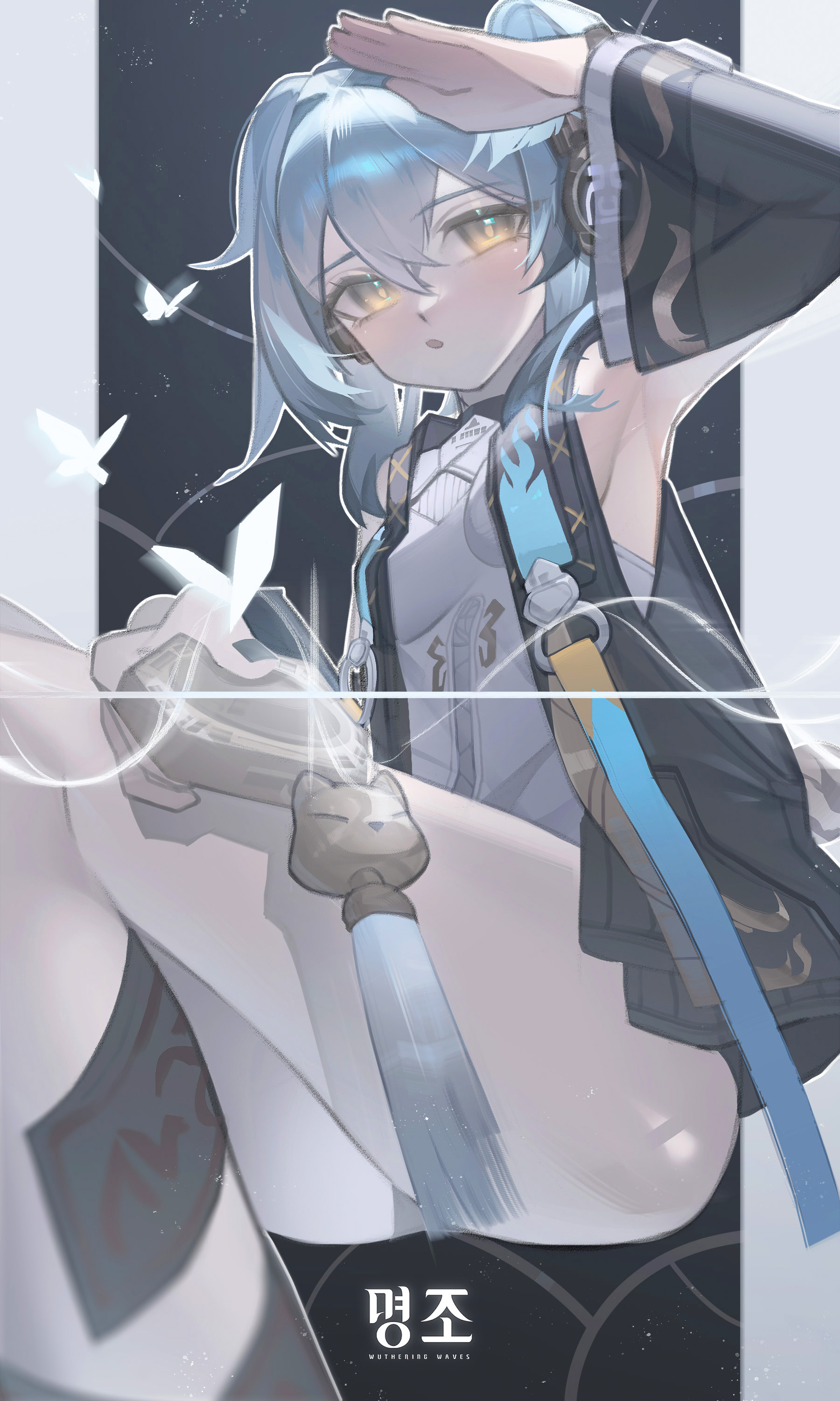 buling (wuthering waves), wuthering waves, absurdres, commentary, highres, symbol-only commentary, 1girl, 2ho, arm up, armpits, bare shoulders, black jacket, black nails, blue hair, blush, breasts, hair between eyes, headphones, holding, jacket, logo, medium hair, nail polish, parted lips, sleeveless, sleeveless jacket, small breasts, solo, thighs, yellow eyes