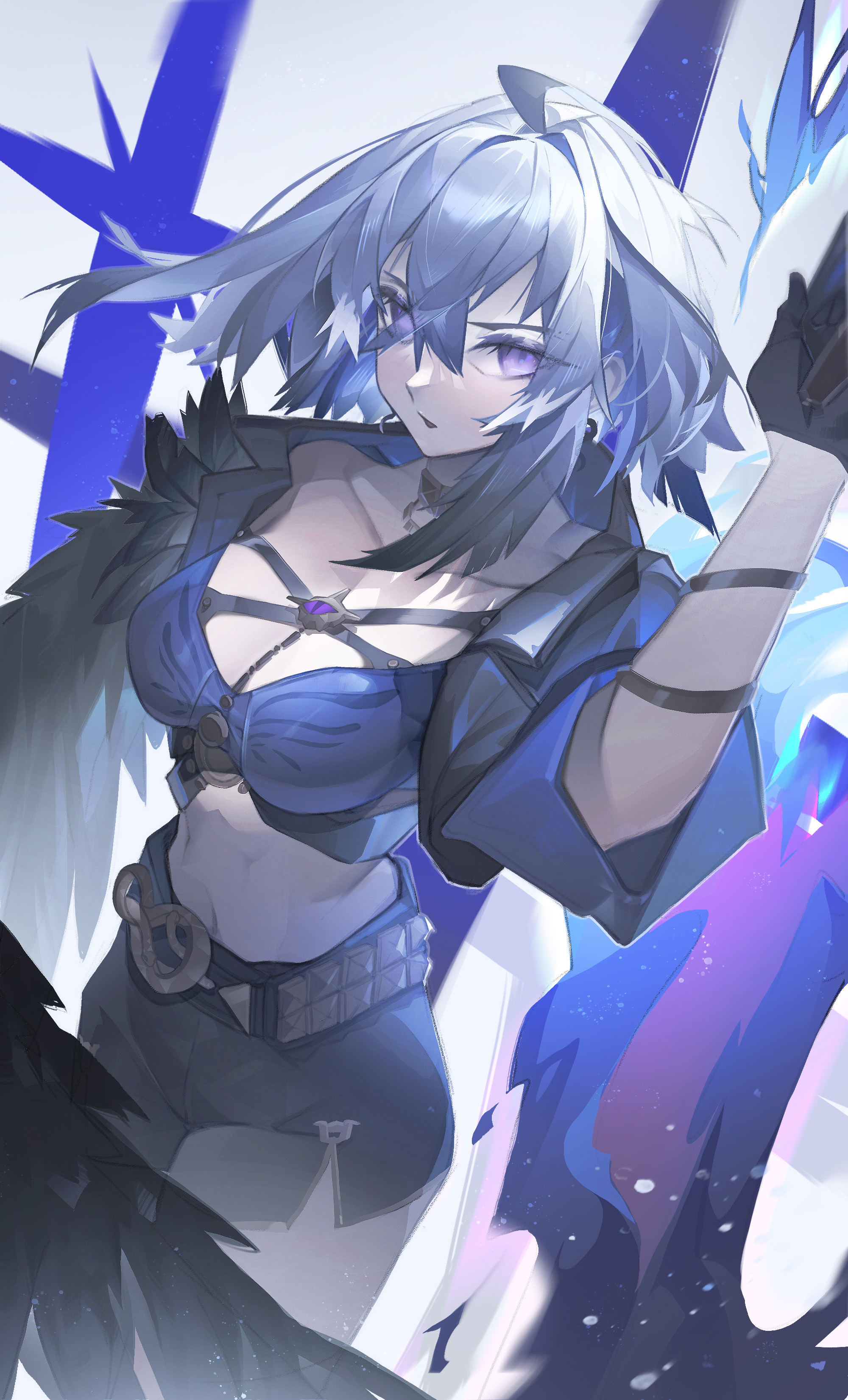 galbrena (wuthering waves), wuthering waves, absurdres, commentary, highres, symbol-only commentary, 1girl, 2ho, black gloves, black jacket, black shorts, black wings, blue bra, bra, breasts, choker, cleavage, collarbone, cropped jacket, earrings, gloves, gold choker, grey hair, hair between eyes, hand up, jacket, jewelry, looking at viewer, medium breasts, medium hair, parted lips, purple eyes, shorts, solo, stomach, underwear, wings