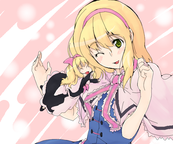 amami amayu, alice margatroid, shanghai doll, touhou, 1girl, ^ ^, blonde hair, blush, capelet, closed eyes, doll, female focus, green eyes, hairband, happy, hug, hugging doll, hugging object, one eye closed, short hair, smile, solo, wink