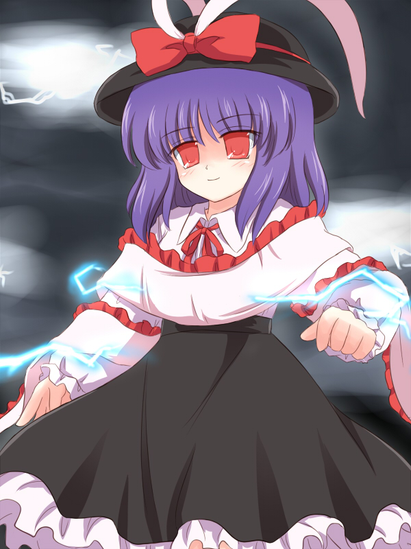 ry (yagoyago), nagae iku, touhou, 1girl, female focus, gradient background, grey background, hat, lightning, purple hair, ribbon, short hair, solo, standing