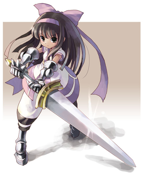 katahira masashi, gradriel de valendia, murasaki nakoruru, nakoruru, atlus, princess crown, samurai spirits, sega, snk, 1girl, armor, armored dress, black hair, cosplay, crossover, dress, female focus, full body, gloves, gradriel de valendia (cosplay), long hair, parody, ribbon, solo, standing, sword, weapon