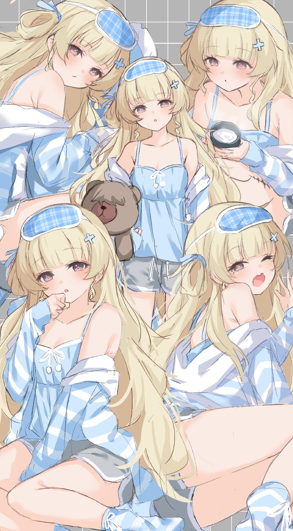 kuramoto beta-carotene, phoebe (wuthering waves), wuthering waves, commentary request, highres, 1girl, alternate costume, bare shoulders, blonde hair, blue camisole, blush, breasts, camisole, closed mouth, collarbone, cup, dolphin shorts, grey background, grey shorts, grid background, hair ornament, hand up, holding, holding cup, jacket, long hair, looking at viewer, mask, mask on head, multiple views, off shoulder, one eye closed, open clothes, open jacket, open mouth, purple eyes, shorts, sleep mask, small breasts, striped clothes, striped jacket, tacet mark (wuthering waves), tears, thighs, x hair ornament, yawning