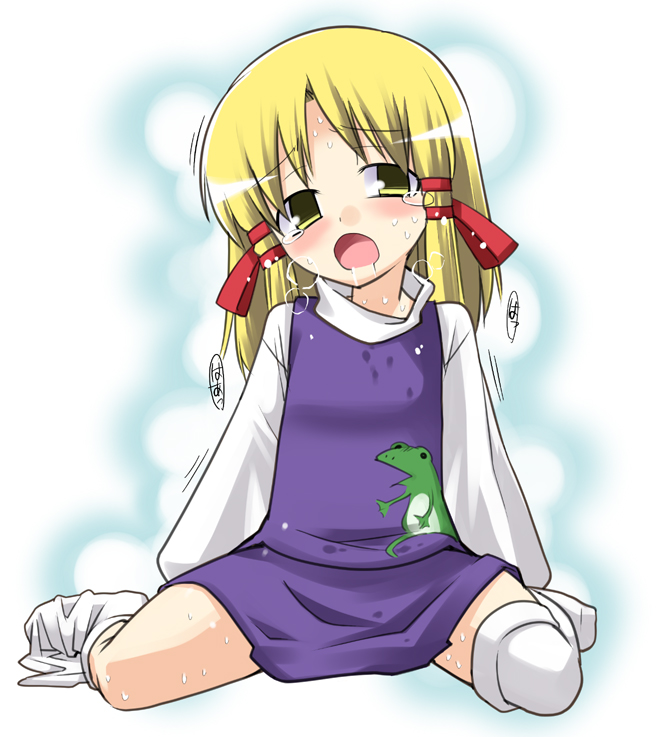 gengorou, moriya suwako, touhou, bad id, bad pixiv id, 1girl, blonde hair, female focus, full body, gradient background, ribbon, short hair, skirt, solo, tears, thighhighs, white background, white thighhighs