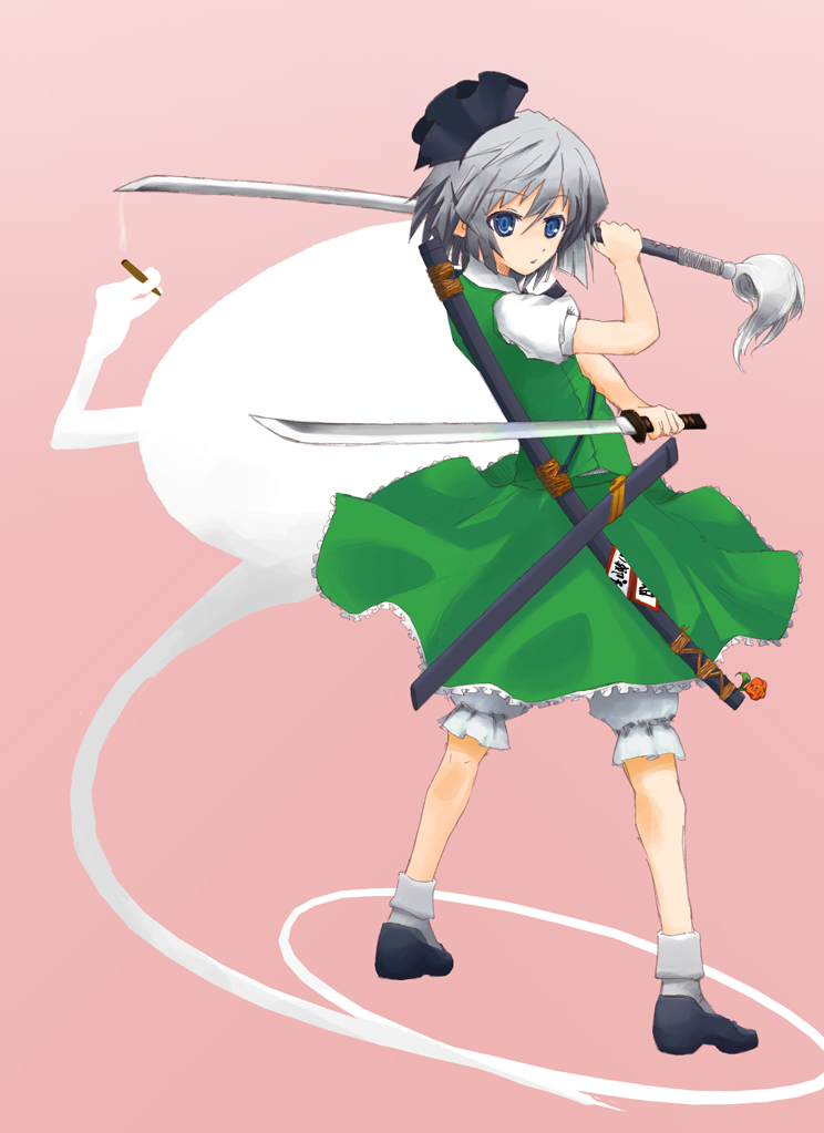 shikimi (pixiv), shikimi kimitake, konpaku youmu, konpaku youmu (ghost), touhou, silver hair, 1girl, blue eyes, cigar, dual wielding, female focus, ghost, hitodama, holding, katana, ribbon, short hair, solo, sword, tanto, weapon