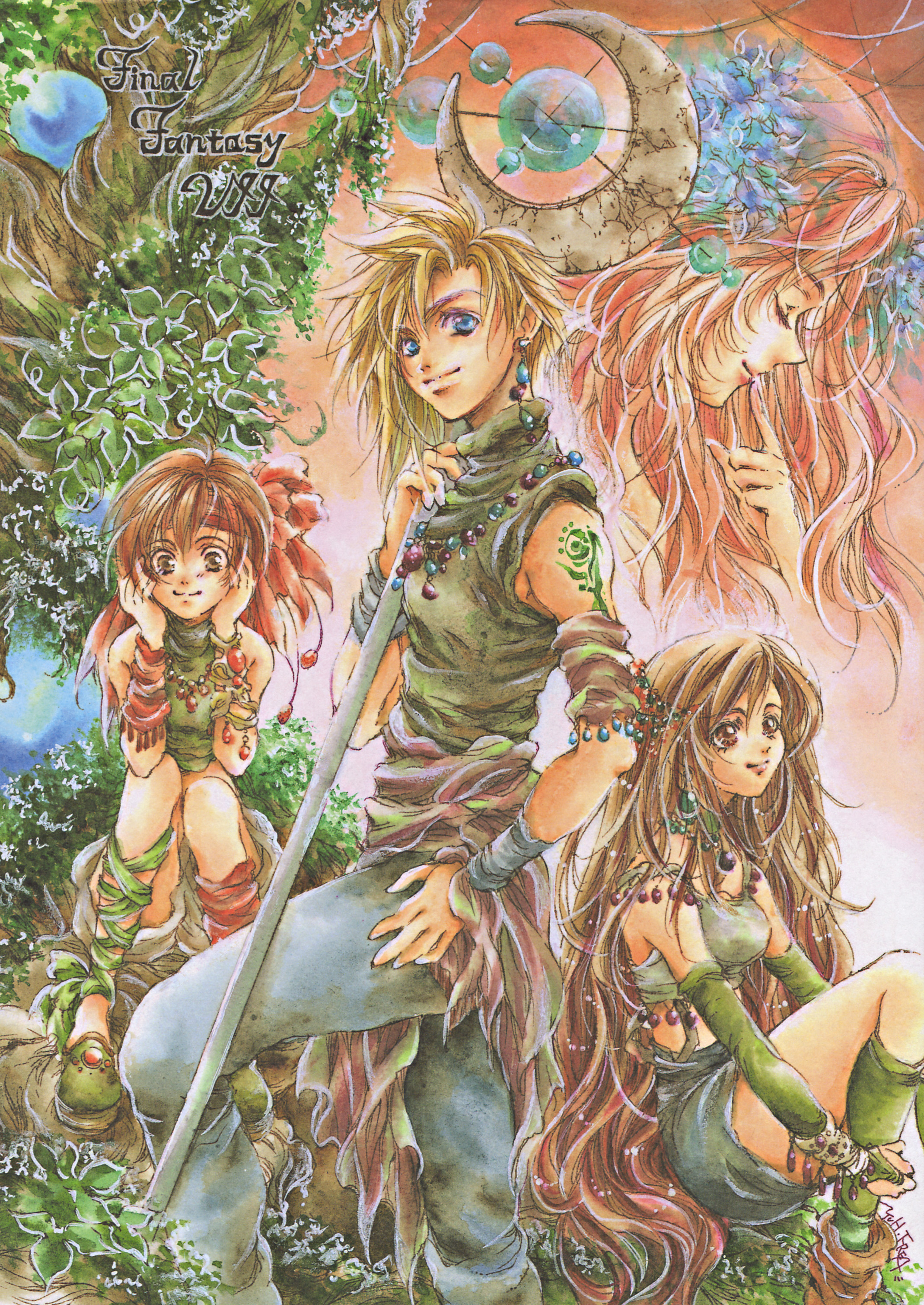 aerith gainsborough, cloud strife, tifa lockhart, yuffie kisaragi, final fantasy, final fantasy vii, absurdres, highres, 1990s (style), hand on own hip, jewelry, long hair, nature, retro artstyle, sleeveless, sleeveless turtleneck, staff, tattoo, turtleneck, very long hair
