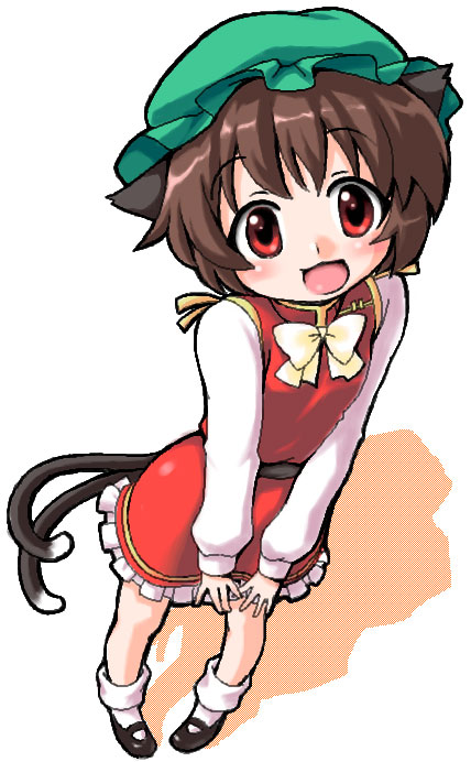 manjiduka, chen, touhou, 1girl, animal ears, blush, bobby socks, bow, bowtie, brown eyes, brown hair, cat ears, cat girl, cat tail, dress, female focus, hat, long sleeves, looking at viewer, mary janes, mob cap, multiple tails, nekomata, red dress, shoes, sidelocks, socks, solo, tail, tareme, two tails, white socks, yellow bow, yellow bowtie