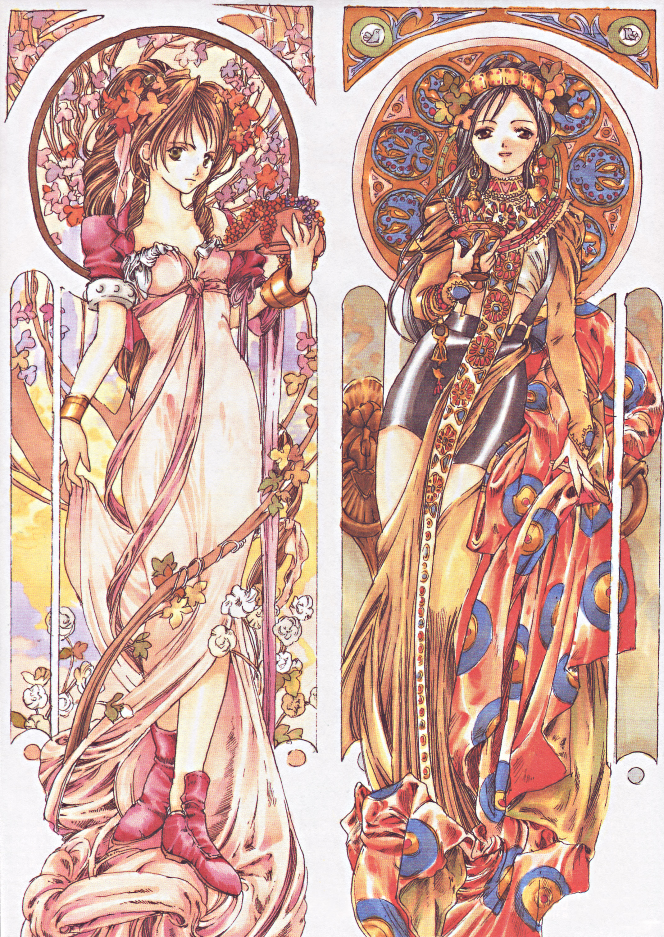nao tsukiji, aerith gainsborough, tifa lockhart, final fantasy, final fantasy vii, square enix, absurdres, highres, 1990s (style), 2girls, art nouveau, bare shoulders, belt, blush, bowl, bracelet, brown eyes, brown hair, buckle, closed mouth, dress, earrings, food, fruit, full body, gem, grapes, green eyes, holding, jewelry, long sleeves, looking at viewer, multiple girls, pink dress, standing, suspenders, tassel, white dress