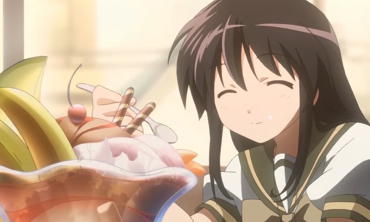 shana, shakugan no shana, anime screenshot, 00s, 1girl, black hair, cherry, closed eyes, female focus, food, fruit, ice cream, long hair, parfait, school uniform, serafuku, smile, solo, sundae, wafer stick