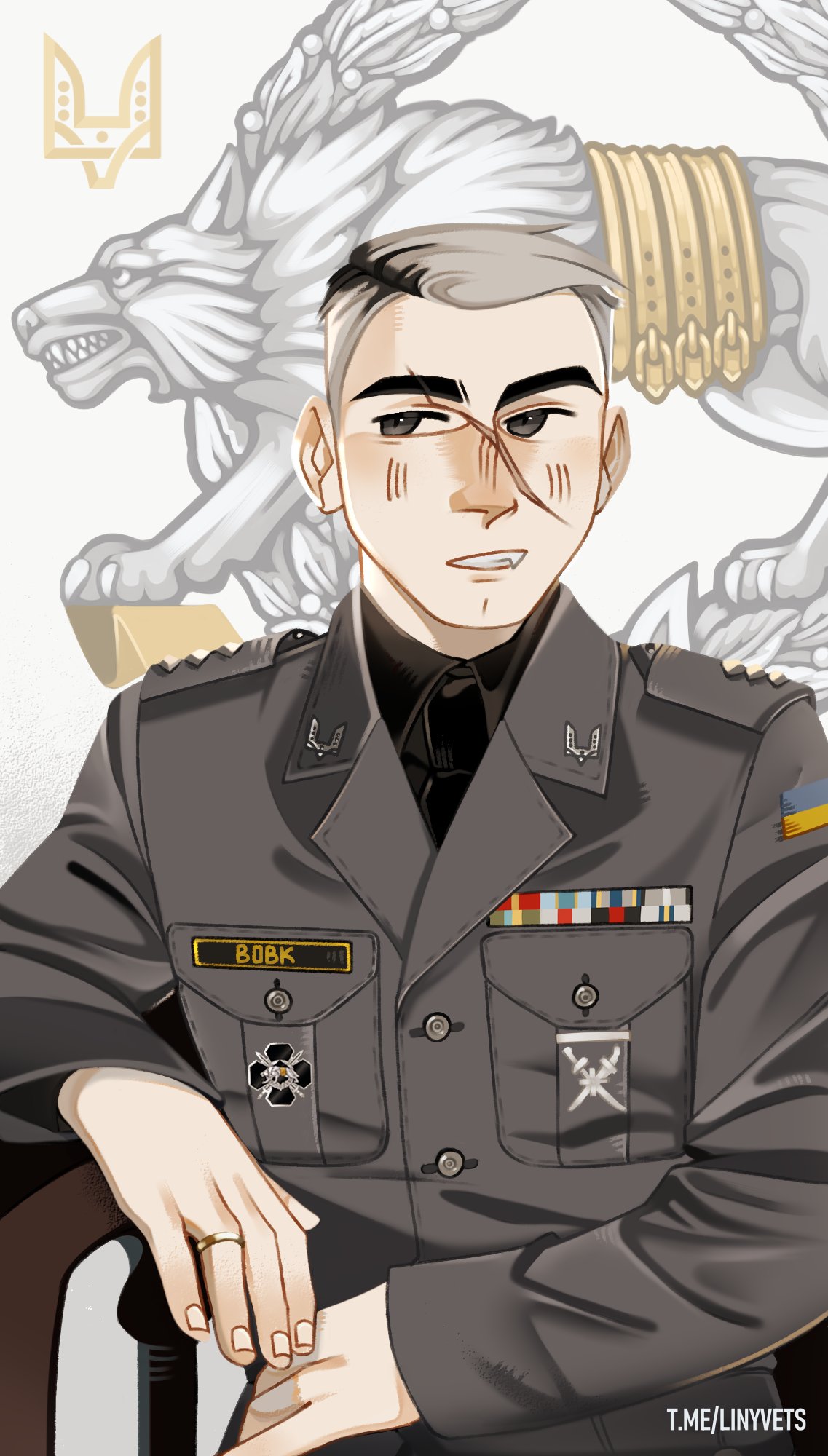 linyvets chan, original, highres, translated, 1boy, artist name, badge, buttons, chair, collar tabs, fang, fingernails, grey eyes, grey hair, jacket, jewelry, logo, looking to the side, male focus, military, military dress uniform, military jacket, military rank insignia, military uniform, multicolored hair, patch, pocket, portrait, ribbon bar, ring, roots (hair), russo-ukrainian war, scar, scar on face, sharp teeth, shoulder boards, shoulder patch, simple background, sitting, soldier, teeth, tryzub, ukraine, ukrainian flag, ukrainian text, wedding ring, wolf