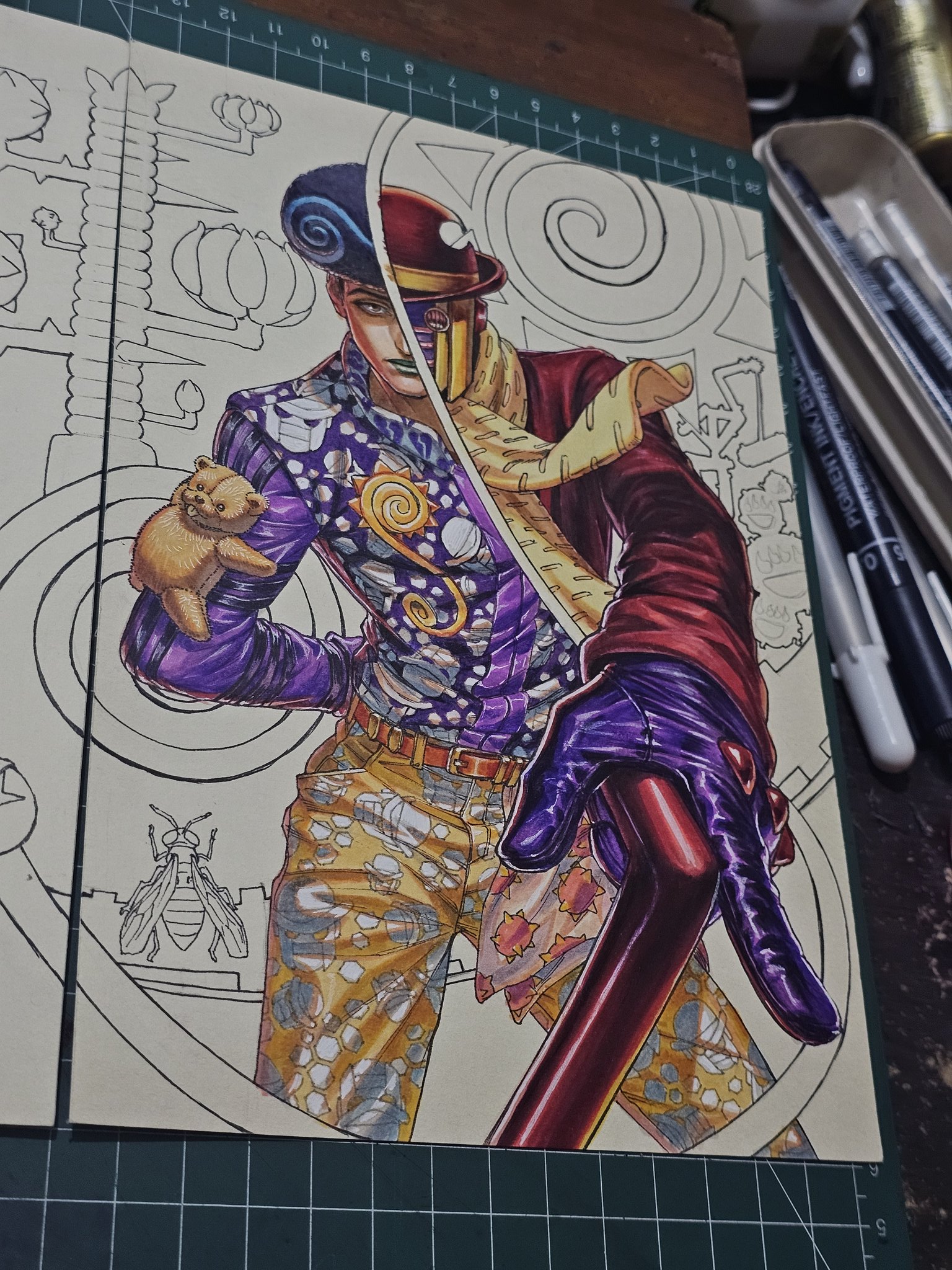 maya panda, dododo de dadada, obladi oblada, tooru (jojolion), wonder of u, jojo no kimyou na bouken, jojolion, commentary, english commentary, highres, marker (medium), photo (medium), traditional media, unfinished, 1boy, 1other, afro, alternate costume, arm behind back, art tools in frame, belt, blue hair, bowler hat, brown coat, brown hat, cane, character print, coat, gloves, green lips, hat, hexagon print, holding, holding cane, jojo pose, locacaca, long sleeves, looking at viewer, male focus, orange belt, pants, purple gloves, purple shirt, purple vest, scarf, shirt, solo, split theme, stand (jojo), stuffed animal, stuffed toy, sun print, teddy bear, vest, wasp, yellow pants, yellow scarf