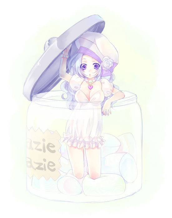 minase ruruu, original, 1girl, :o, blue hair, bracelet, breasts, cleavage, cup, dress, female focus, flower, food, food-themed clothes, hat, in container, in cup, jar, jewelry, kneeling, long hair, marshmallow, mini person, minigirl, necklace, puffy sleeves, purple eyes, rose, solo, wavy hair, white dress, white flower, white rose