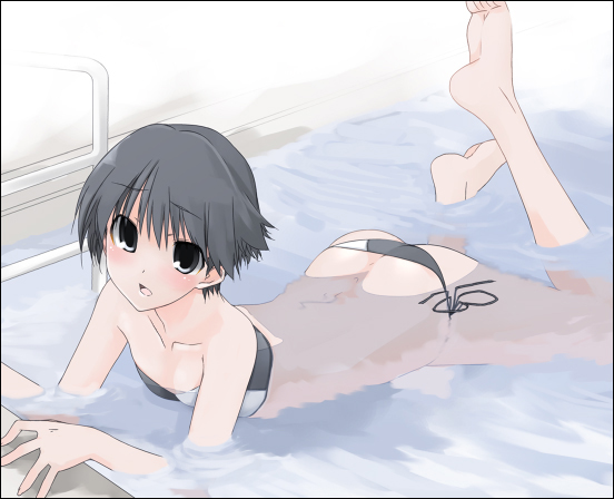 aka ume, original, 1girl, barefoot, bikini, black bikini, feet, female focus, lowleg, lowleg bikini, side-tie bikini bottom, solo, swimsuit