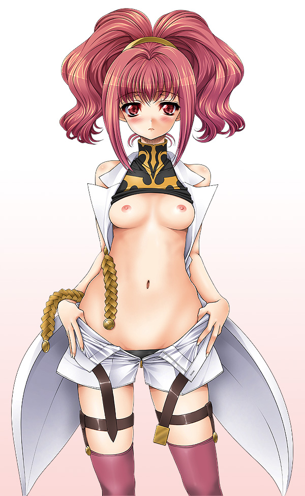 yoshida inuhito, anya alstreim, code geass, 00s, 1girl, blush, breasts, clothes lift, female focus, medium breasts, nipples, red hair, shirt lift, solo, thighhighs, topless female, undressing