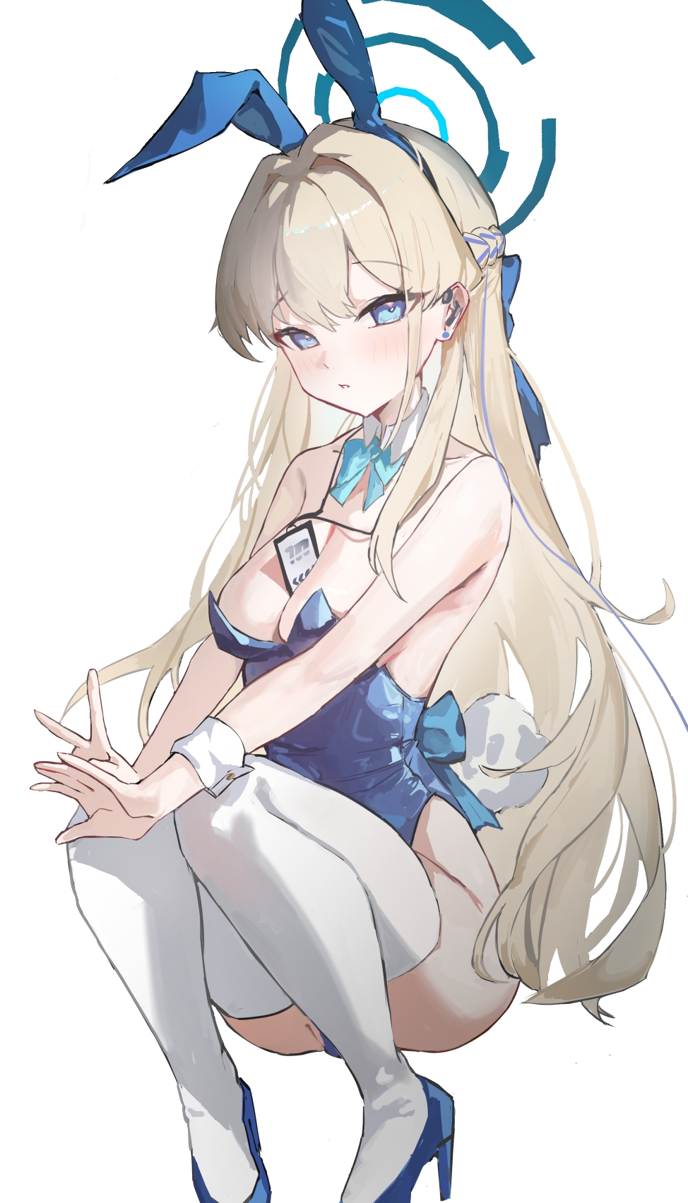 mal0, toki (blue archive), toki (bunny) (blue archive), blue archive, highres, 1girl, animal ear hairband, animal ears, bare arms, bare shoulders, between breasts, blonde hair, blue bow, blue bowtie, blue hairband, blue halo, blue leotard, blue shoes, blush, bow, bowtie, braid, breasts, detached collar, earpiece, earrings, fake animal ears, hair down, hairband, half up braid, halo, high heels, highleg, highleg leotard, id card, jewelry, leotard, long hair, looking at viewer, official alternate costume, official alternate hairstyle, parted lips, playboy bunny, rabbit ear hairband, rabbit ears, shoes, solo, strapless, strapless leotard, stud earrings, thighhighs, v, white thighhighs, wrist cuffs