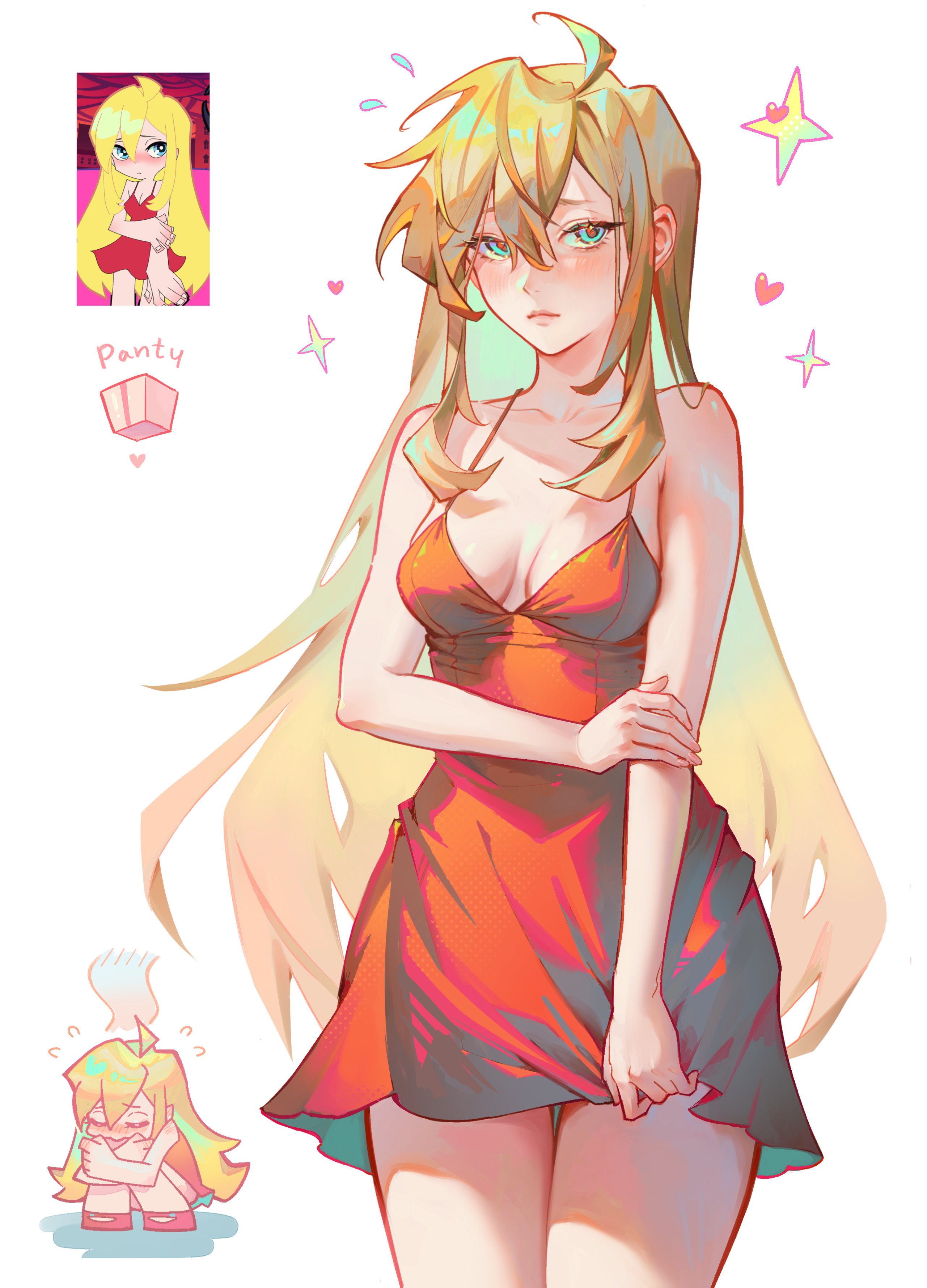 tamaki (tamaki599), panty (psg), panty & stocking with garterbelt, absurdres, commentary, derivative work, hashtag-only commentary, highres, screenshot redraw, symbol-only commentary, 1girl, ahoge, anime screenshot inset, bare arms, bare shoulders, blonde hair, blue eyes, blush, breasts, breasts apart, character name, chibi, chibi inset, chinese text, closed eyes, closed mouth, collarbone, cowboy shot, cube, dress, dress tug, embarrassed, flying, furrowed brow, hand on own arm, head steam, heart, hugging own legs, long hair, looking at viewer, medium breasts, nose blush, official alternate hairstyle, red dress, red shoes, reference inset, shadow, shoes, short dress, shy panty (psg), sidelocks, simplified chinese text, sleeveless, sleeveless dress, solo, sparkle, squatting, thigh gap, u u, very long hair, white background