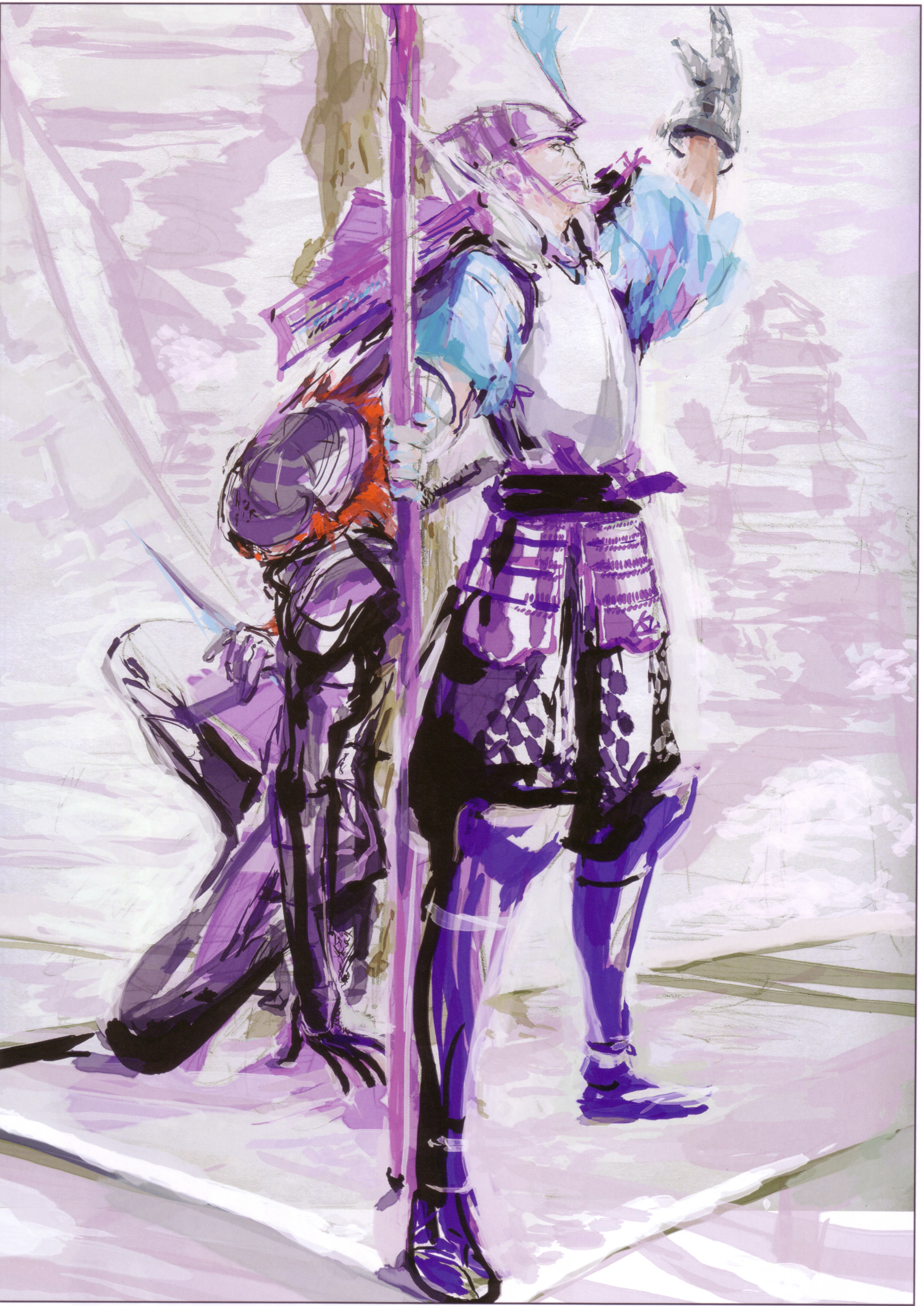 tsuchibayashi makoto, fuuma kotarou, fuuma kotarou (sengoku basara), hojo ujimasa, houjou ujimasa (sengoku basara), sengoku basara, absurdres, highres, 00s, 2boys, armor, male focus, multiple boys, ninja, polearm, weapon