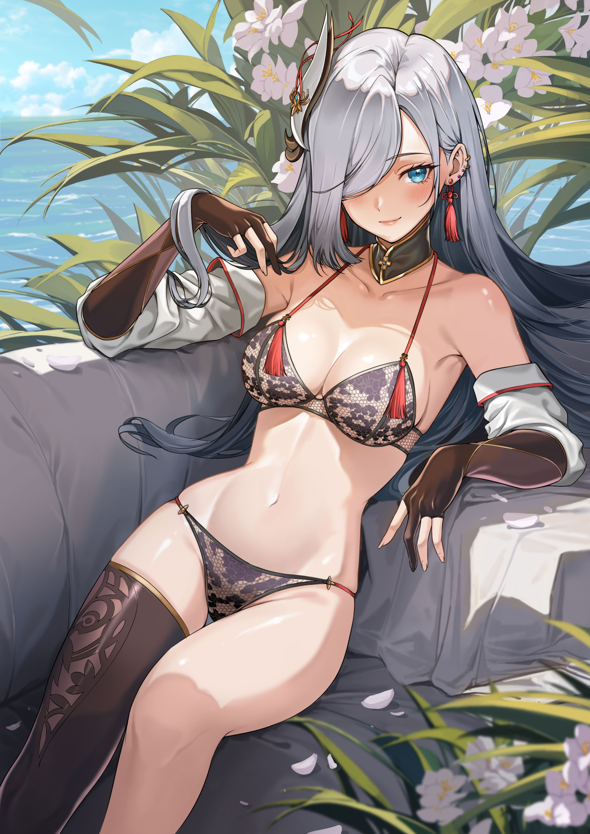 beida53878791, shenhe (genshin impact), genshin impact, absurdres, commentary, highres, 1girl, alternate costume, bare shoulders, black bra, black choker, black panties, blue eyes, bra, breasts, choker, cleavage, closed mouth, collarbone, detached sleeves, earrings, gloves, gold trim, gradient hair, grey hair, hair ornament, hair over one eye, hand up, jewelry, large breasts, lingerie, long hair, looking at viewer, multicolored hair, navel, panties, partially fingerless gloves, petals, single thighhigh, smile, solo, stomach, tassel, tassel earrings, thighhighs, thighs, underwear, very long hair, white hair