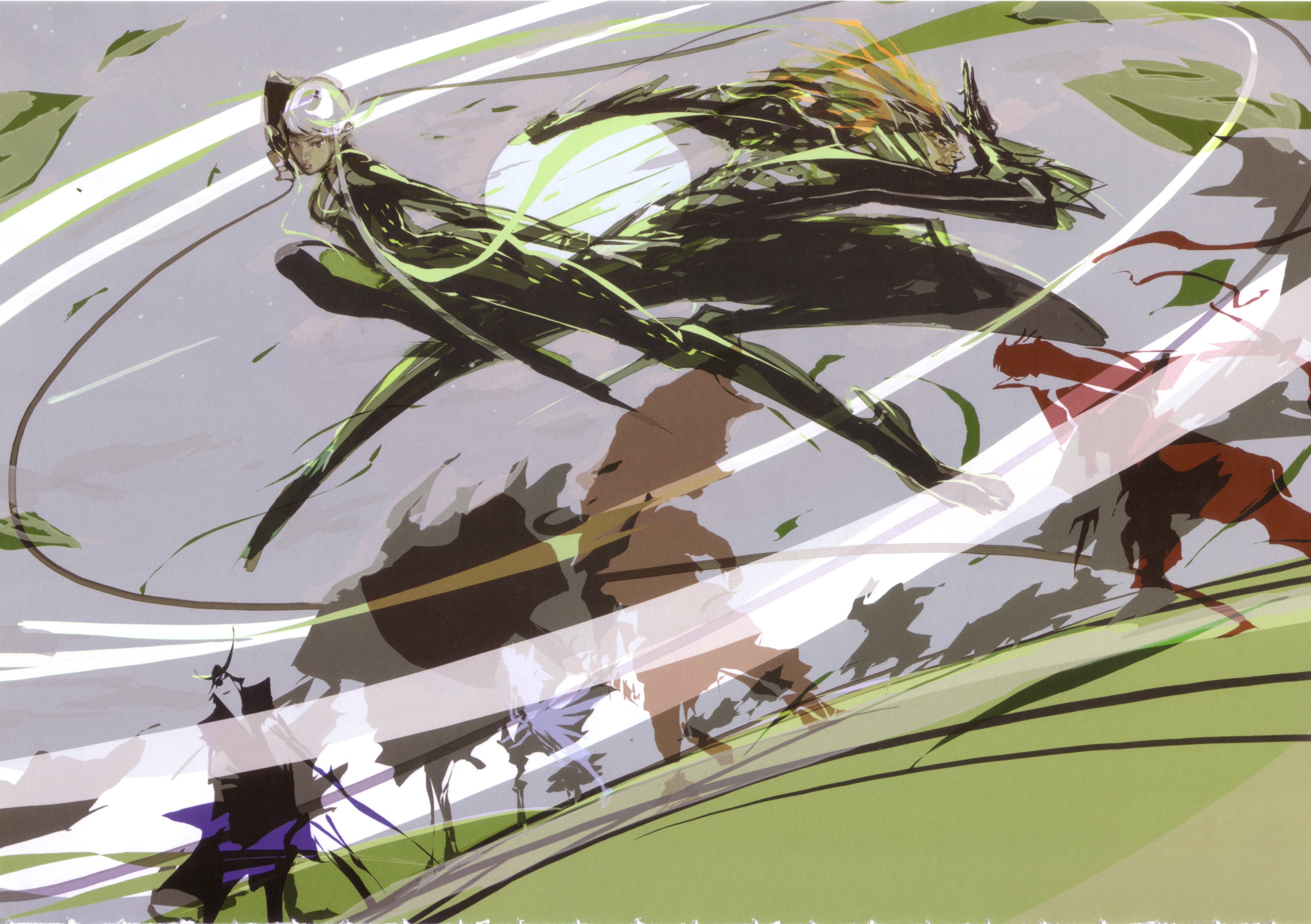 tsuchibayashi makoto, date masamune (sengoku basara), kasuga, kasuga (sengoku basara), sanada yukimura (sengoku basara), sarutobi sasuke, sarutobi sasuke (sengoku basara), uesugi kenshin, uesugi kenshin (sengoku basara), sengoku basara, absurdres, highres, 00s, 1girl, 3boys, armor, helmet, moon, multiple boys, ninja, sky