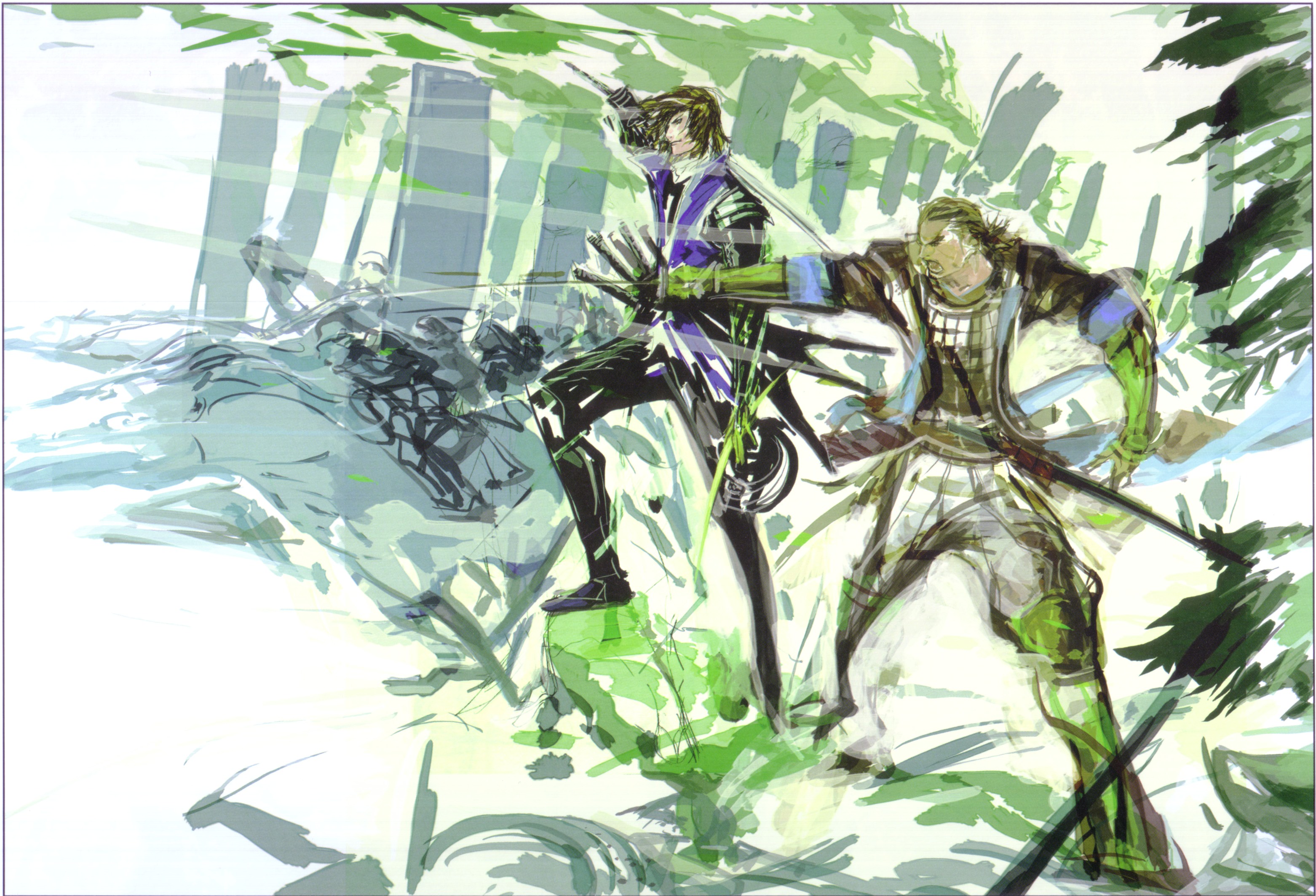 tsuchibayashi makoto, date masamune (sengoku basara), katakura kojuurou, sengoku basara, highres, 00s, 2boys, armor, male focus, multiple boys, nature, outdoors, plant, sword, weapon