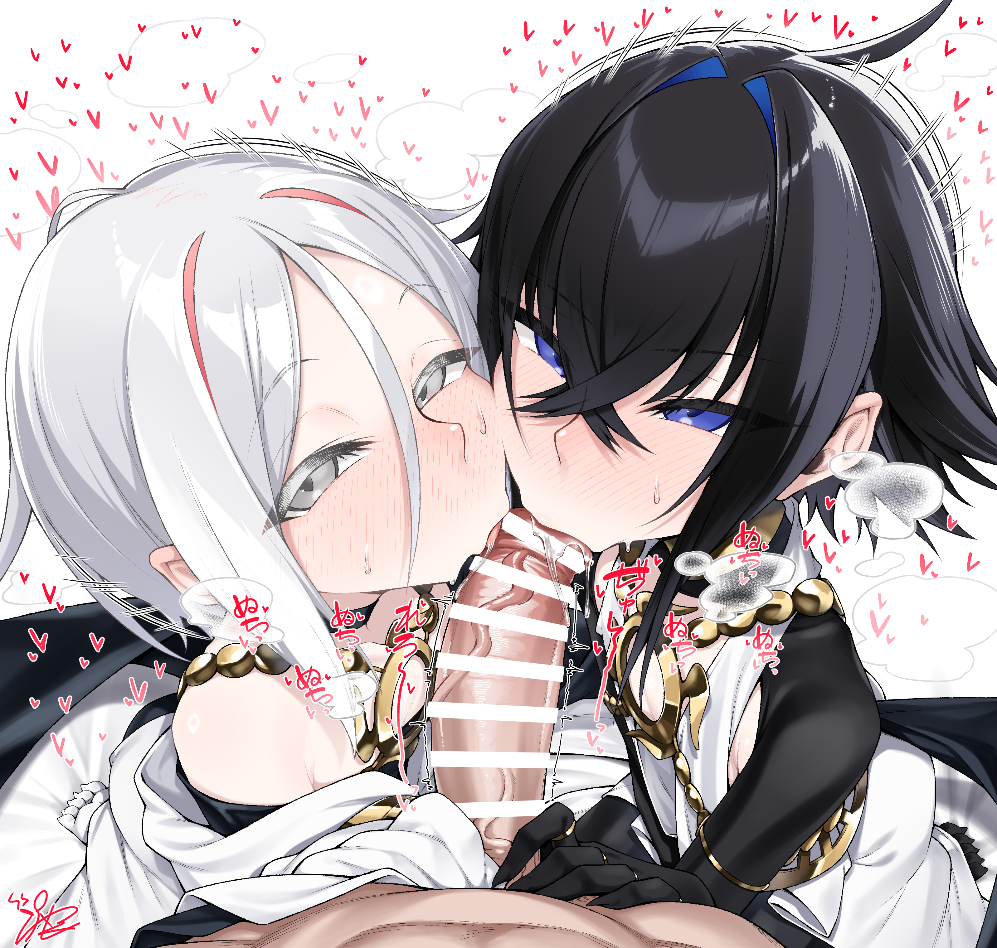 watosu, fate/grand order, fate (series), absurdres, highres, 3boys, androgynous, black hair, black shrug, blue eyes, blue hair, censored, cooperative fellatio, dove (fate), erection, fellatio, grey eyes, hair intakes, heart, jewelry, looking at viewer, multicolored hair, multiple boys, necklace, oral, penis, pink hair, raven (fate), short hair, shrug (clothing), teamwork (sexual), two-tone hair, white hair, yaoi