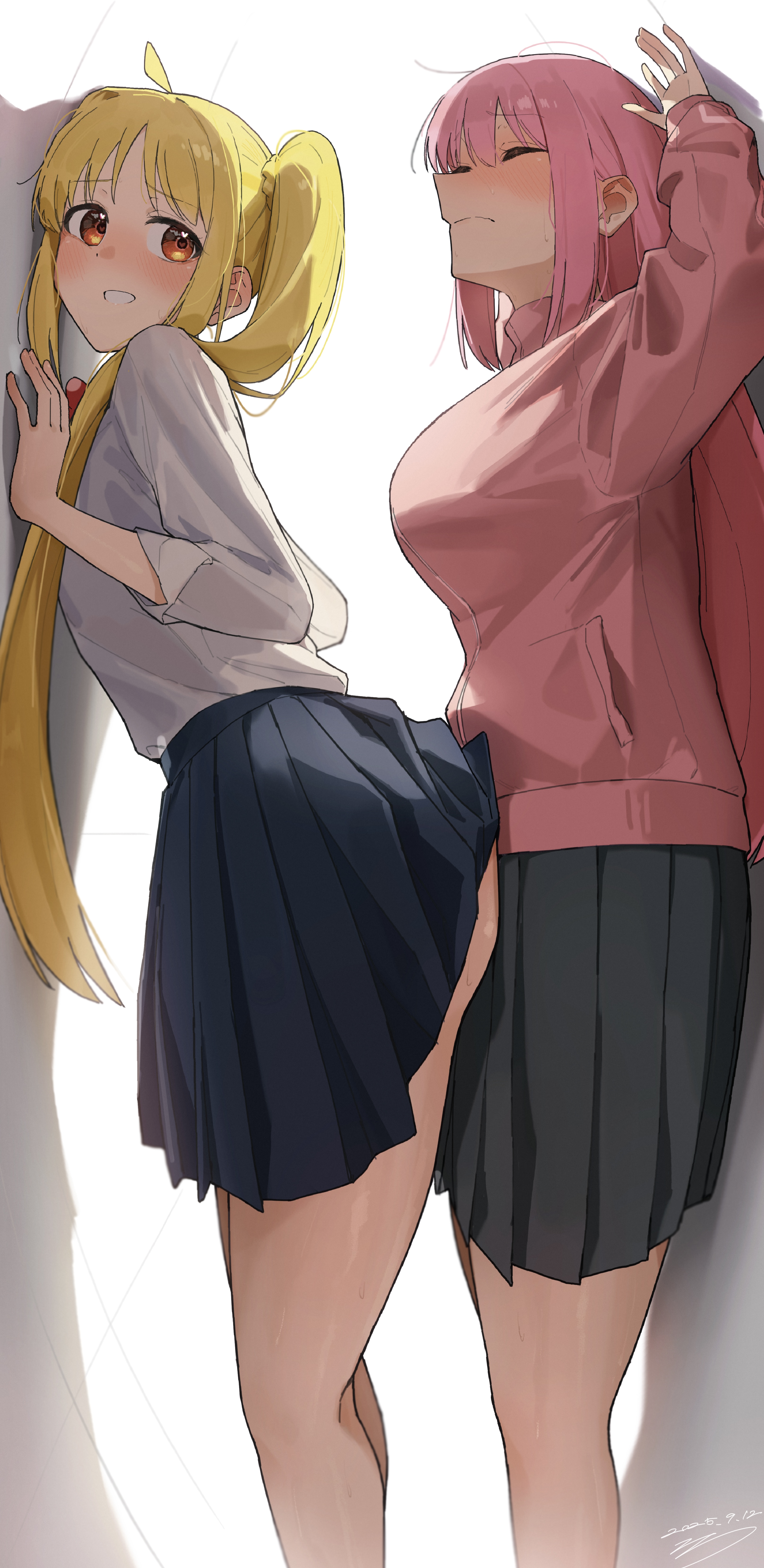 seisyuntarotto, gotoh hitori, ijichi nijika, bocchi the rock!, absurdres, commentary request, highres, 2girls, ahoge, black skirt, blonde hair, blue skirt, blush, breasts, closed eyes, closed mouth, feet out of frame, from side, grin, jacket, large breasts, long hair, long sleeves, multiple girls, pink hair, pink jacket, pleated skirt, red eyes, school uniform, shimokitazawa high school uniform, shirt, side ponytail, skirt, smile, standing, track jacket, white shirt, yuri