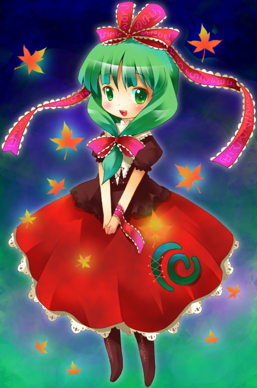 michii yuuki, kagiyama hina, touhou, 1girl, :d, autumn leaves, blush, bow, dress, female focus, front ponytail, green eyes, green hair, hair bow, leaf, looking at viewer, matching hair/eyes, open mouth, own hands together, puffy short sleeves, puffy sleeves, red bow, red dress, ribbon, shawl, short sleeves, smile, solo, tareme, wrist cuffs