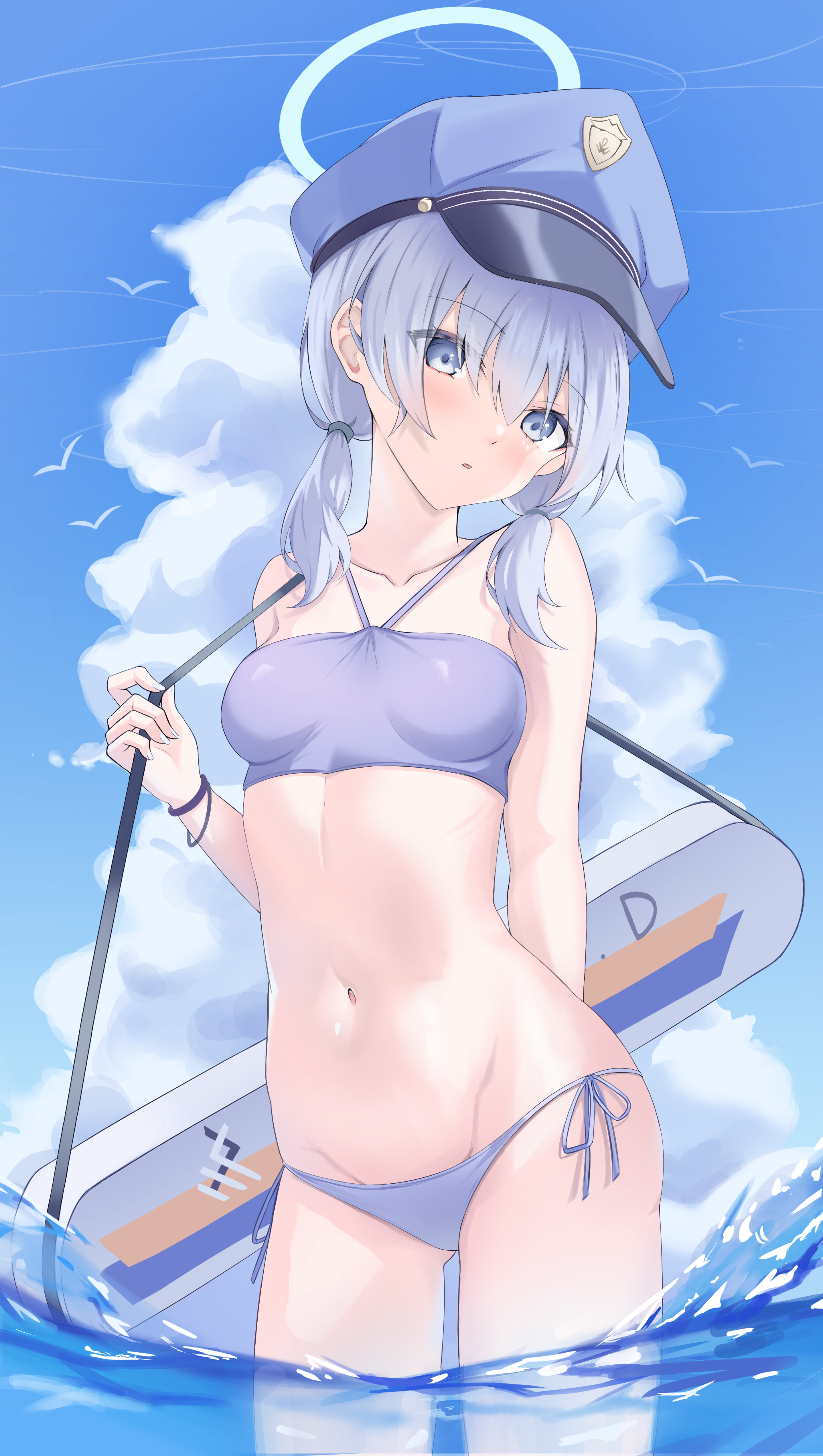 gyuu, valkyrie police academy student (sg) (blue archive), blue archive, absurdres, highres, 1girl, aqua halo, bare shoulders, bikini, blue bikini, blue eyes, blue hair, blue sky, blush, breasts, cloud, collarbone, cowboy shot, cumulonimbus cloud, eyelashes, eyes visible through hair, gluteal fold, groin, hair between eyes, halo, hand up, hat, head tilt, looking at viewer, low twintails, medium breasts, medium hair, navel, official alternate costume, outdoors, parted lips, peaked cap, police, police hat, police uniform, policewoman, side-tie bikini bottom, sky, solo, stomach, swimsuit, tsurime, twintails, wading, water