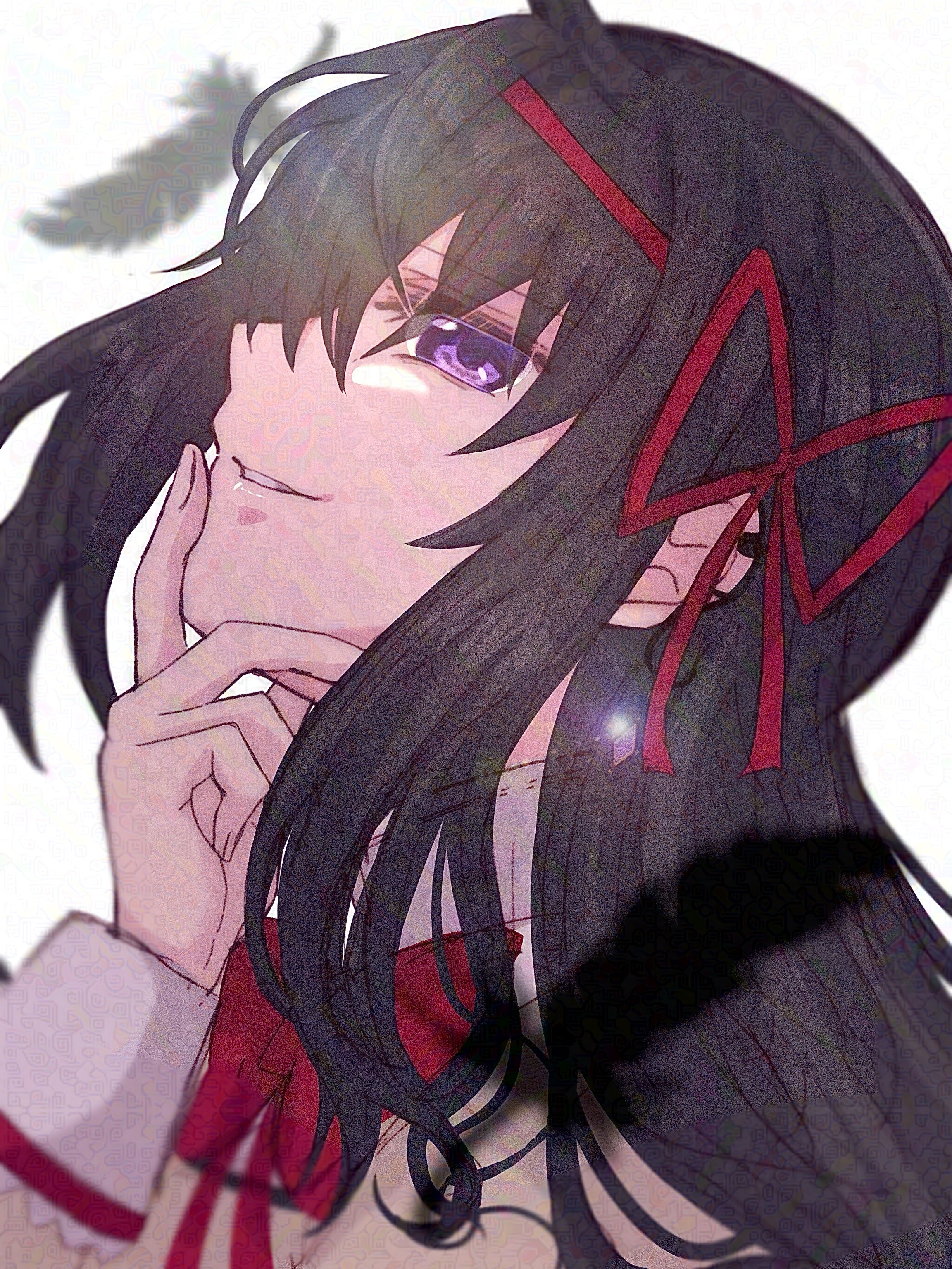amai yume, akemi homura, mahou shoujo madoka magica, absurdres, highres, 1girl, black hair, bow, bowtie, from side, long hair, mitakihara school uniform, purple eyes, red bow, red bowtie, school uniform, solo