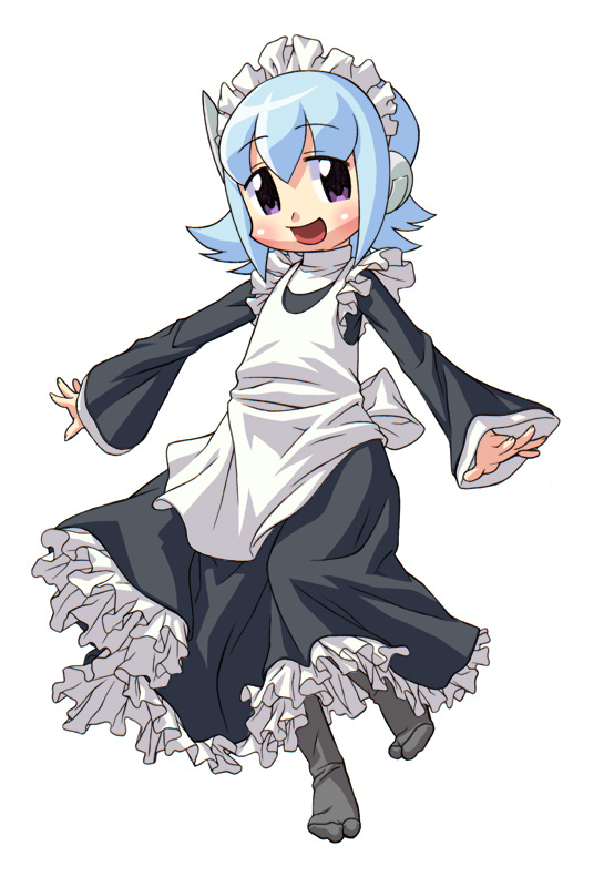 kei., kei (bekei), fumimi, 3ldkm, 1girl, apron, black dress, black eyes, blue hair, blush, dress, female focus, full body, long sleeves, looking at viewer, maid, maid apron, short hair, sidelocks, simple background, solo, white background