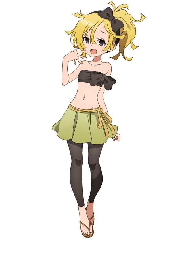 okuda yousuke, tanpopo (kunoichi tsubaki no mune no uchi), kunoichi tsubaki no mune no uchi, official art, 1girl, :d, anime coloring, black bow, black thighhighs, black tube top, blonde hair, blush, bow, breasts, collarbone, full body, green skirt, grey eyes, hair between eyes, hair bow, hand up, looking at viewer, navel, ninja, open hand, open mouth, ponytail, sash, short hair, sidelocks, simple background, skirt, small breasts, smile, solo, standing, strapless, tachi-e, thighhighs, toes, transparent background, tube top, waraji, yellow sash