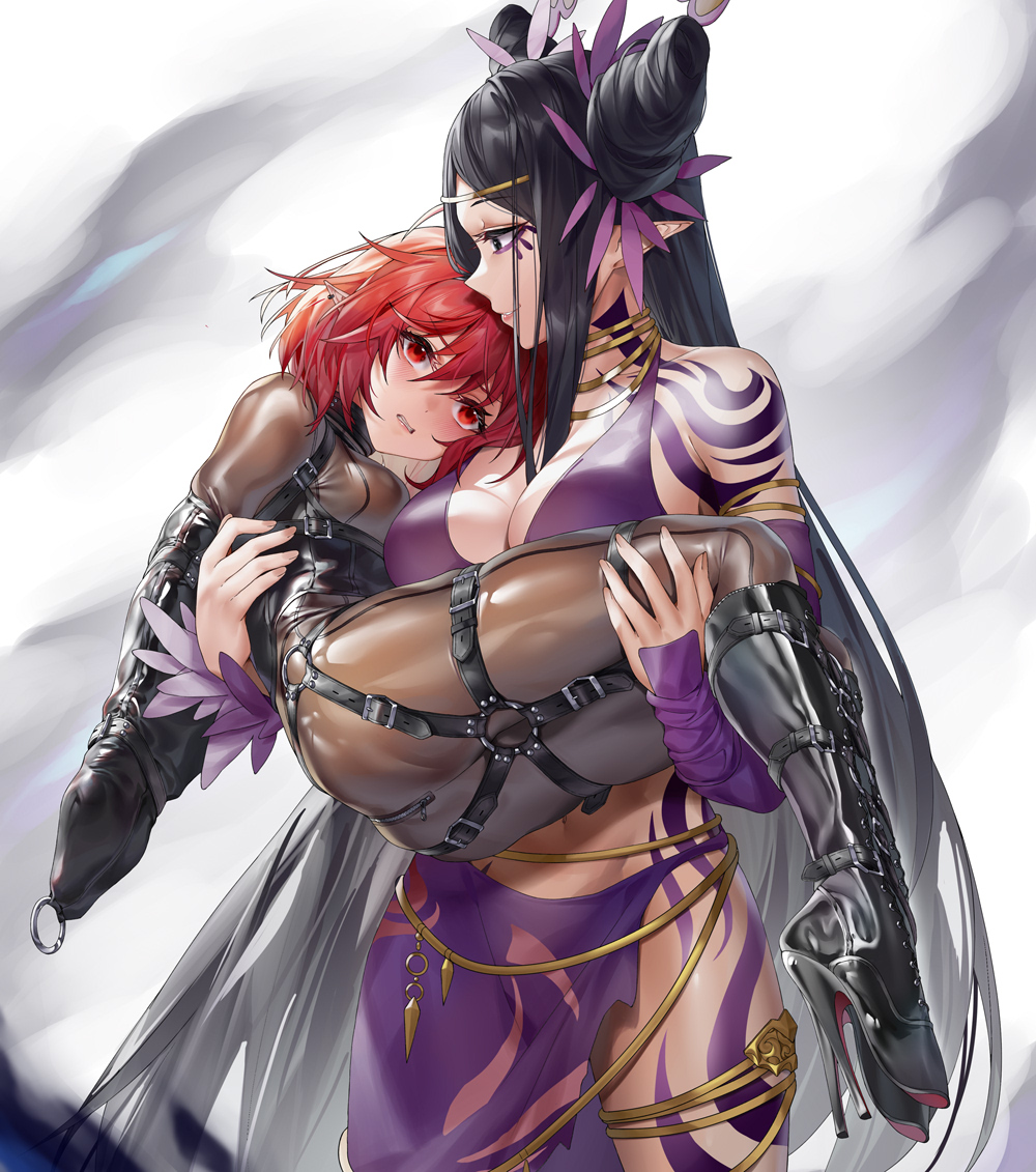 ginklaga, dungeon and fighter, character request, 2girls, armbinder, arms behind back, black hair, bodysuit, bound, bound arms, bound legs, breasts, clenched teeth, large breasts, latex, latex bodysuit, legbinder, long hair, medium hair, multiple girls, navel, open mouth, pointy ears, red eyes, red hair, restrained, skin tight, small breasts, standing, stomach, tattoo, teeth, very long hair